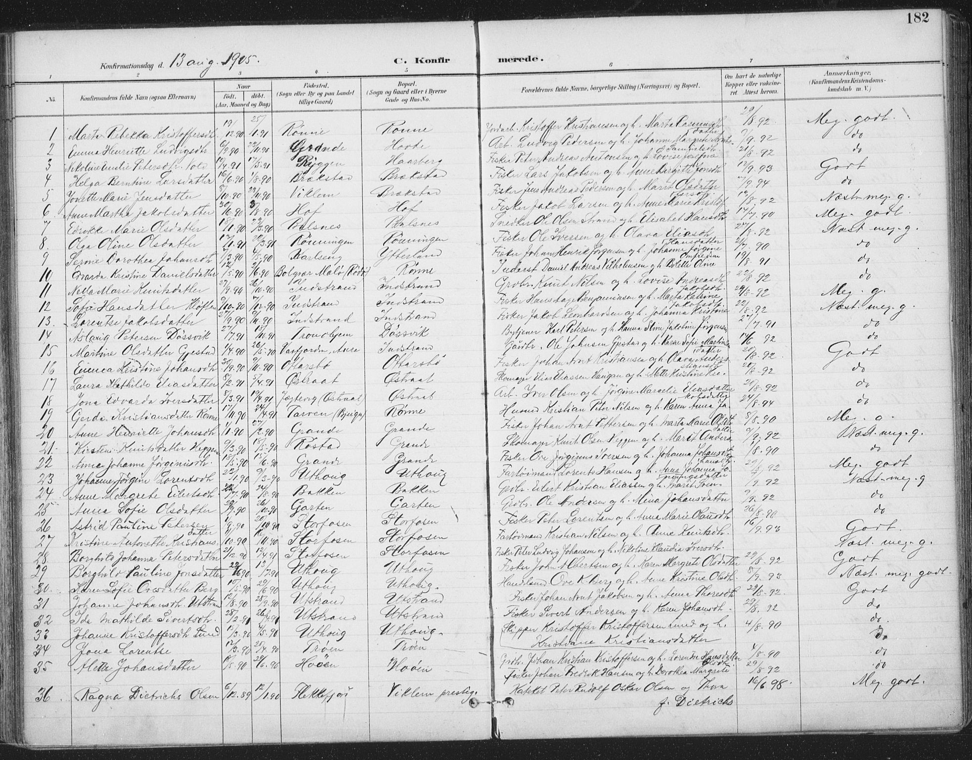 Ministerialprotokoller, klokkerbøker og fødselsregistre - Sør-Trøndelag, SAT/A-1456/659/L0743: Parish register (official) no. 659A13, 1893-1910, p. 182