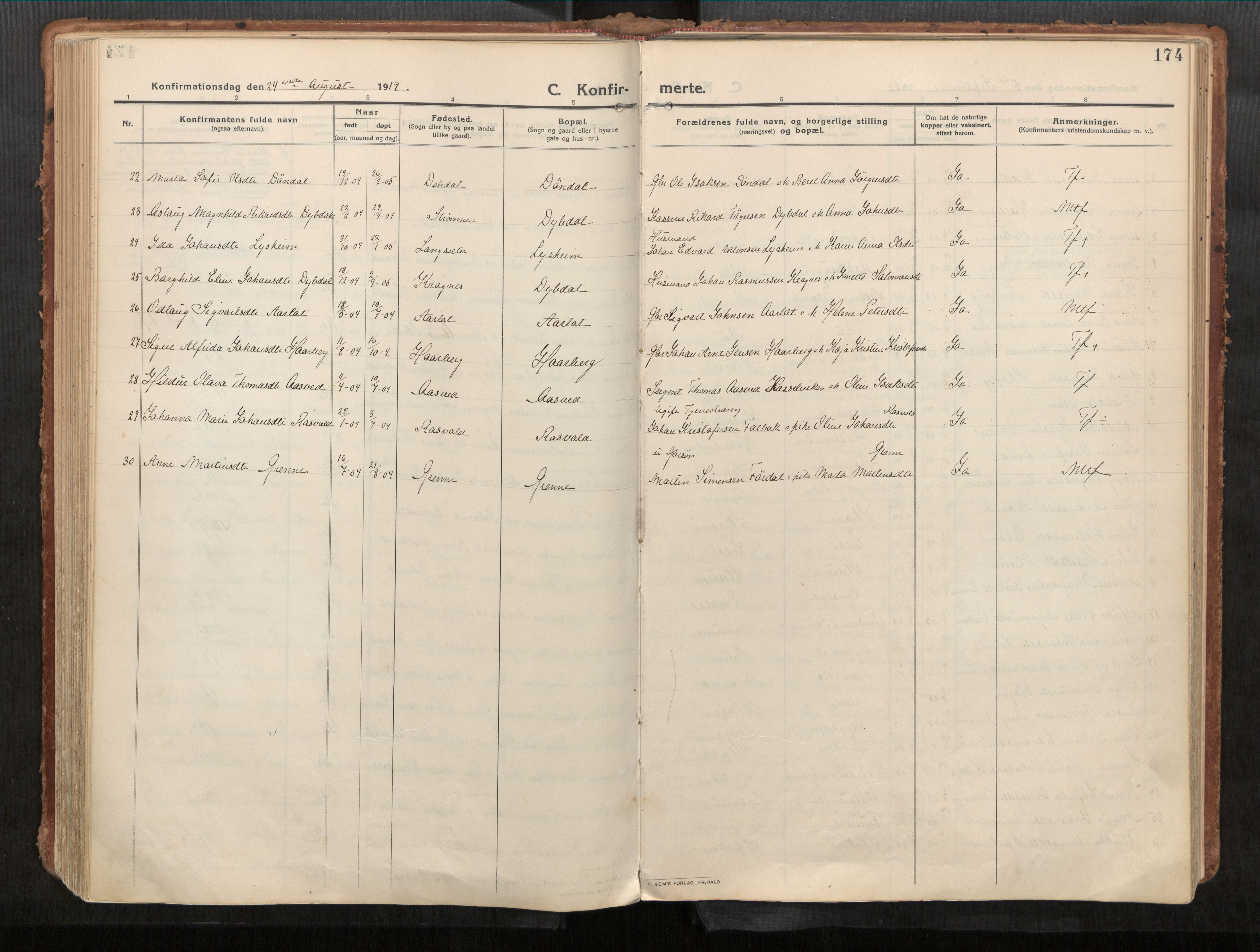 Stadsbygd sokneprestkontor, AV/SAT-A-1117/1/I/I1/I1a/L0001: Parish register (official) no. 1, 1911-1929, p. 174