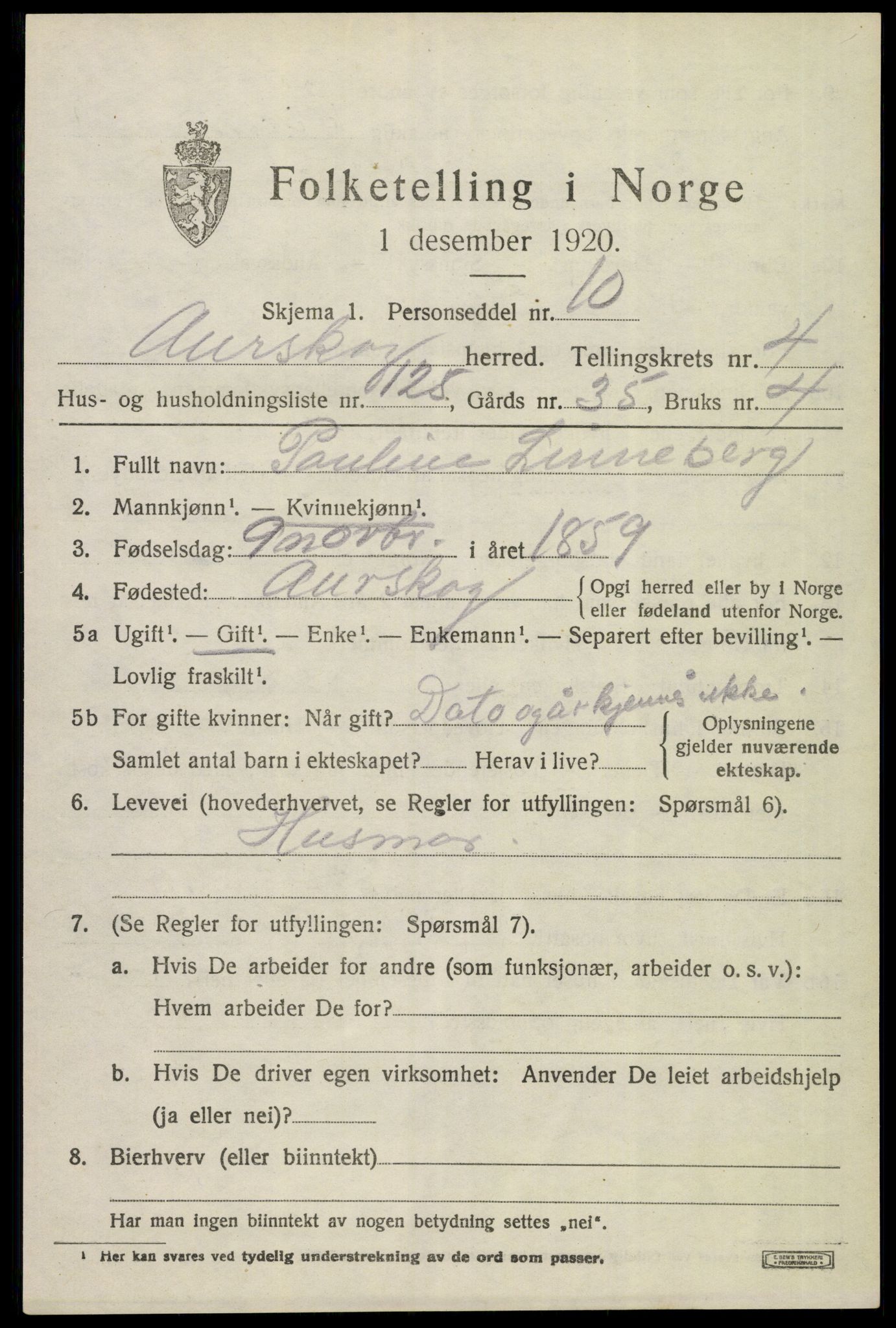 SAO, 1920 census for Aurskog, 1920, p. 6118