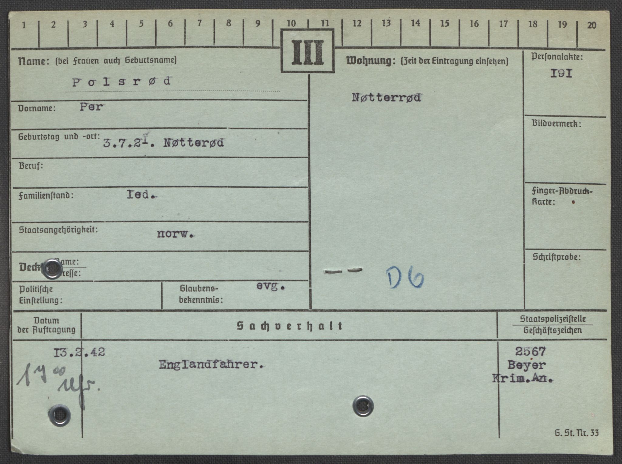 Befehlshaber der Sicherheitspolizei und des SD, AV/RA-RAFA-5969/E/Ea/Eaa/L0008: Register over norske fanger i Møllergata 19: Oelze-Ru, 1940-1945, p. 916