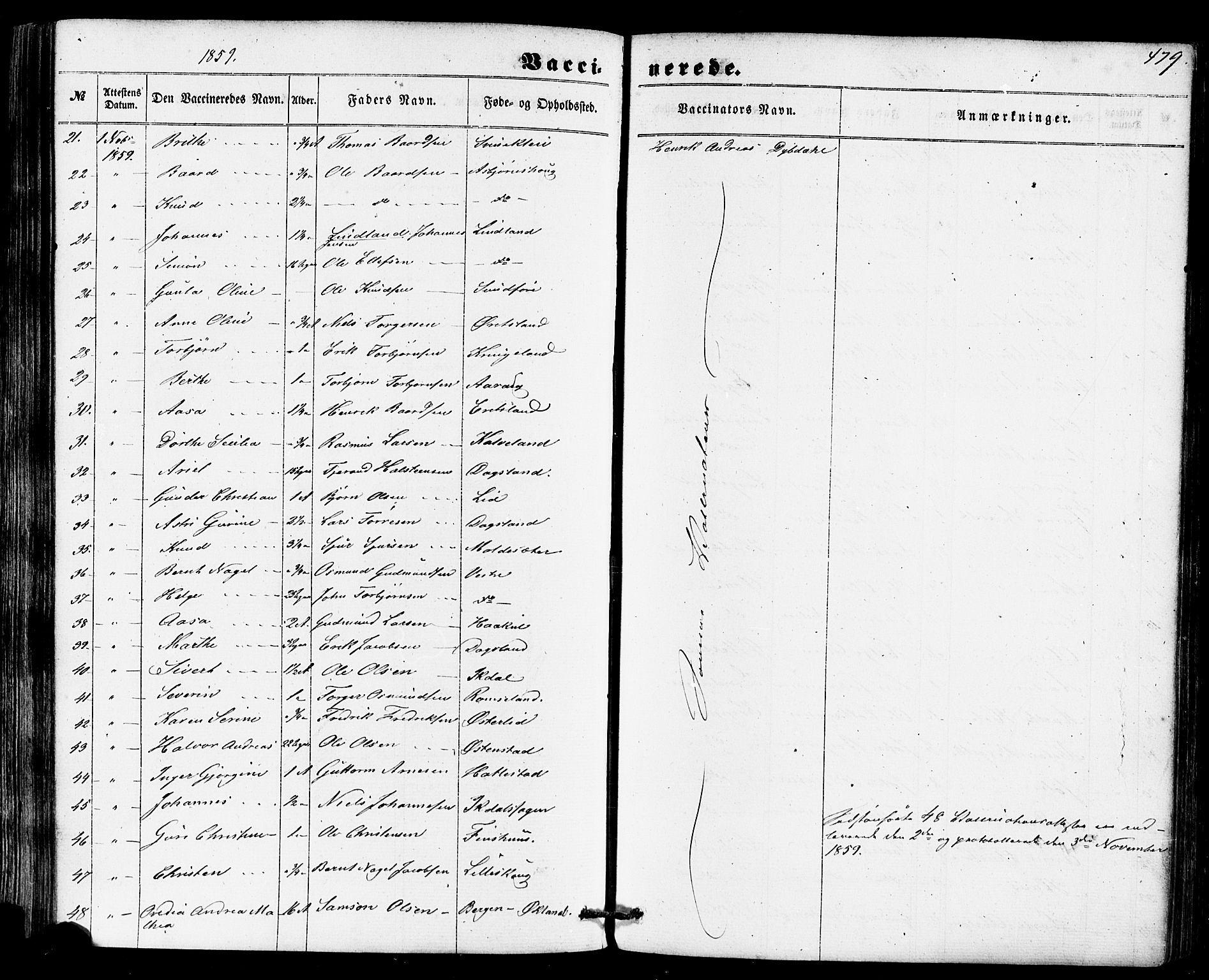 Skjold sokneprestkontor, AV/SAST-A-101847/H/Ha/Haa/L0008: Parish register (official) no. A 8, 1856-1882, p. 479