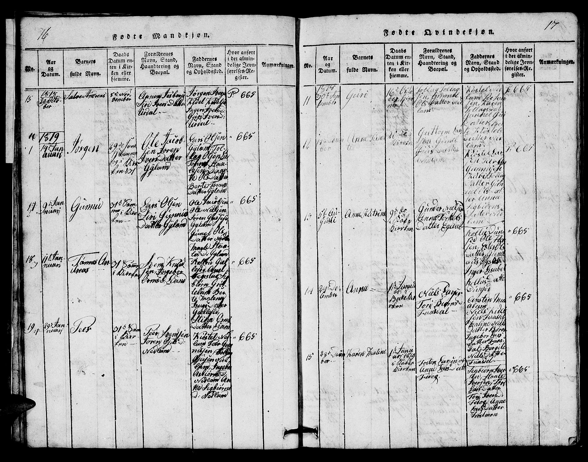 Bakke sokneprestkontor, AV/SAK-1111-0002/F/Fb/Fbb/L0001: Parish register (copy) no. B 1, 1815-1835, p. 16-17