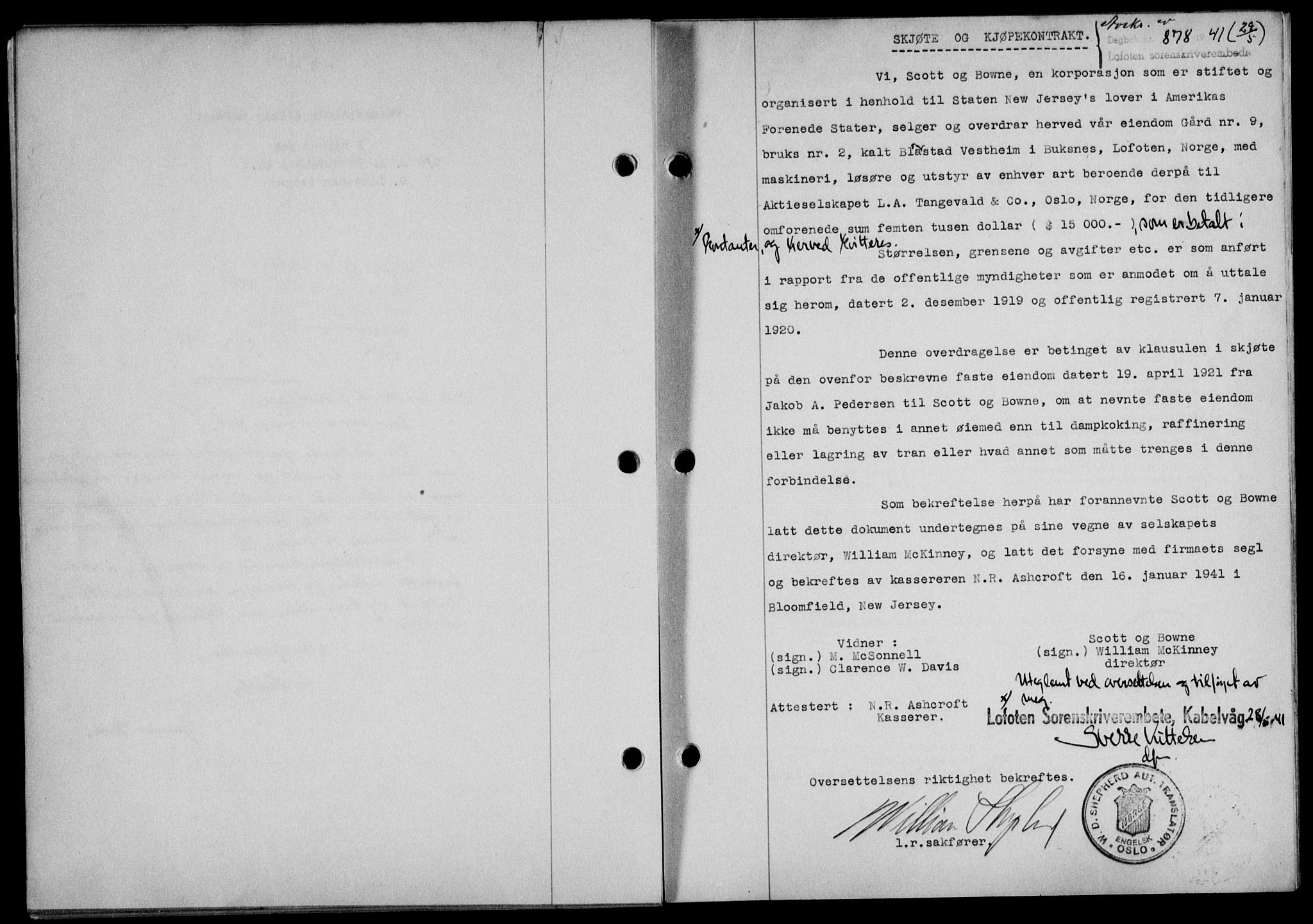 Lofoten sorenskriveri, SAT/A-0017/1/2/2C/L0008a: Mortgage book no. 8a, 1940-1941, Diary no: : 878/1941