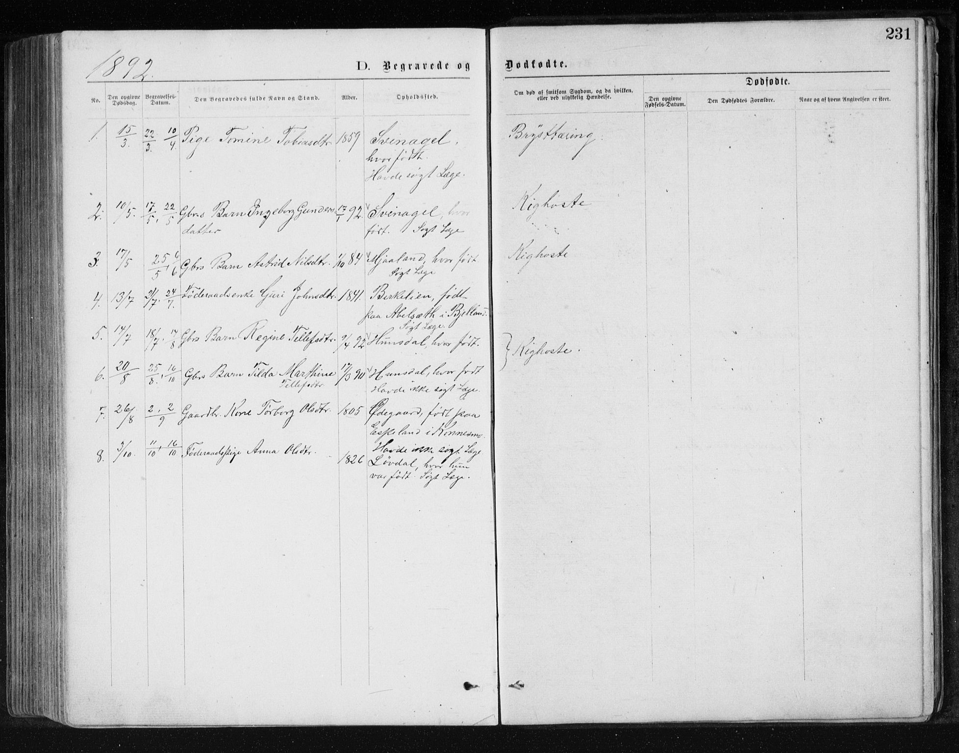 Holum sokneprestkontor, SAK/1111-0022/F/Fb/Fbb/L0003: Parish register (copy) no. B 3, 1875-1898, p. 231