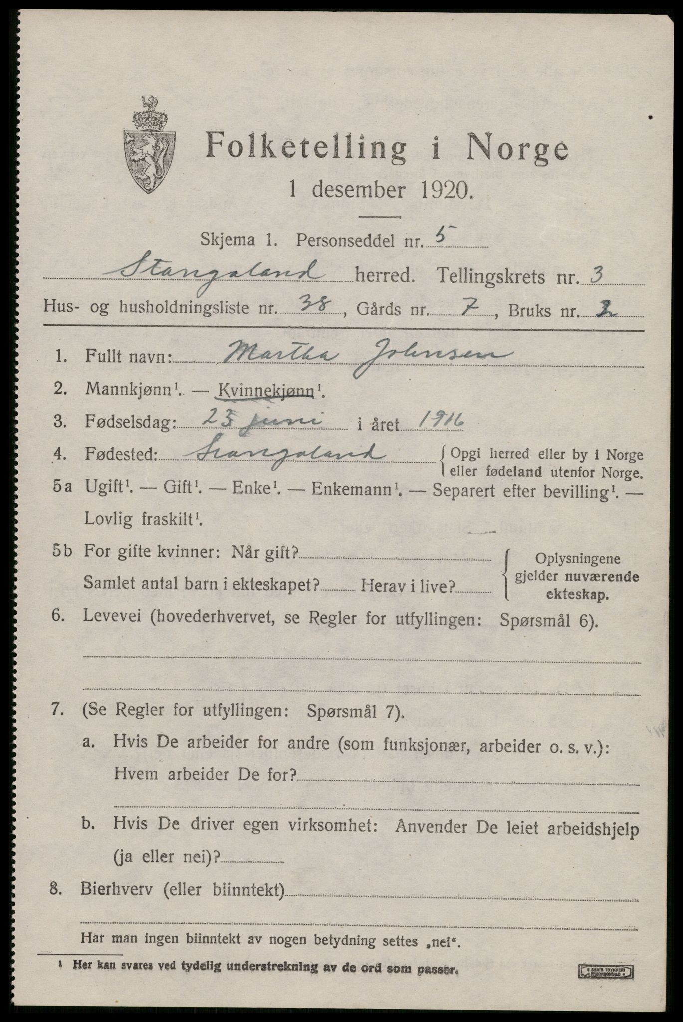 SAST, 1920 census for Stangaland, 1920, p. 2763