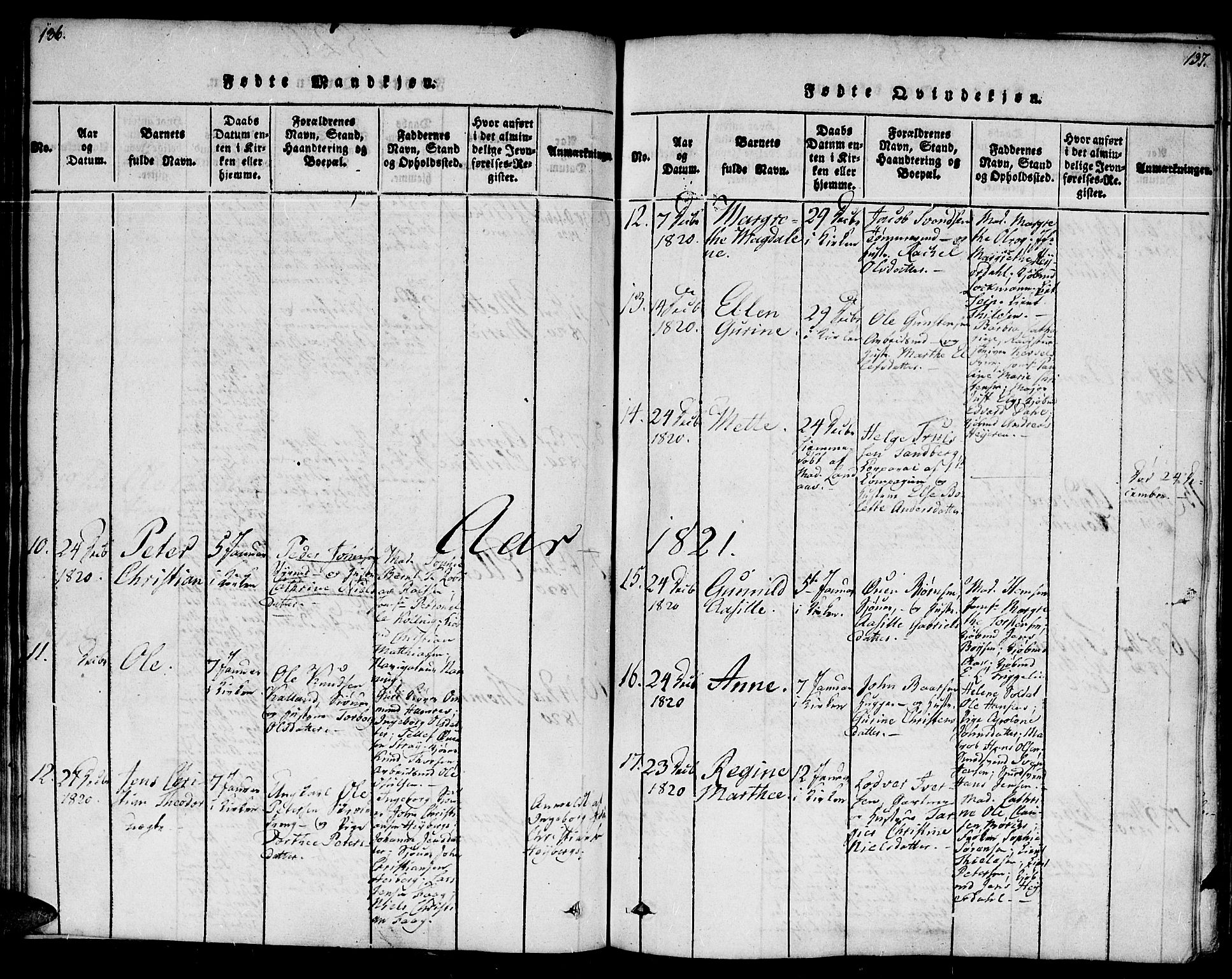 Kristiansand domprosti, SAK/1112-0006/F/Fb/L0001: Parish register (copy) no. B 1, 1818-1821, p. 136-137