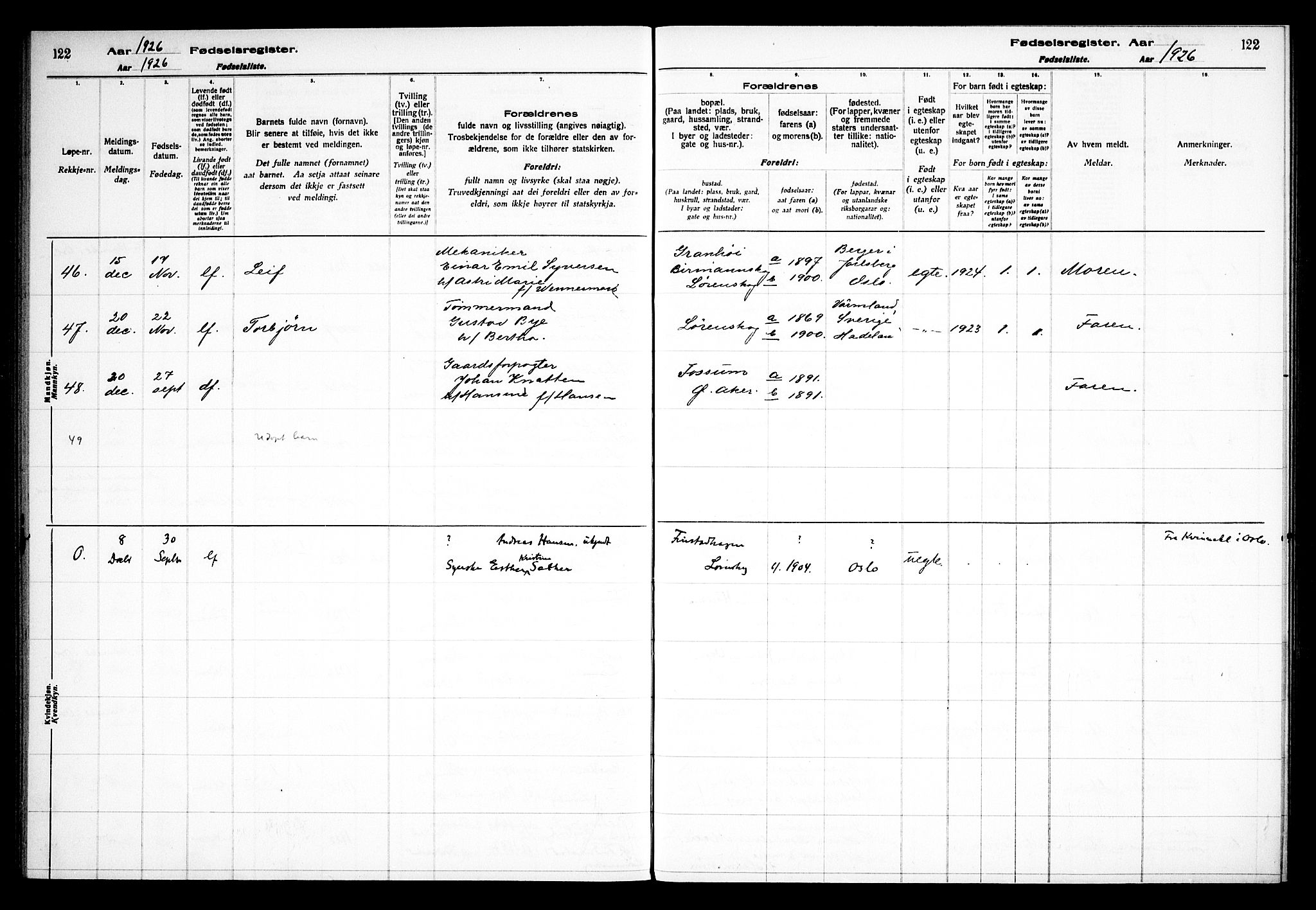 Skedsmo prestekontor Kirkebøker, AV/SAO-A-10033a/J/Jb/L0001: Birth register no. II 1, 1916-1932, p. 122