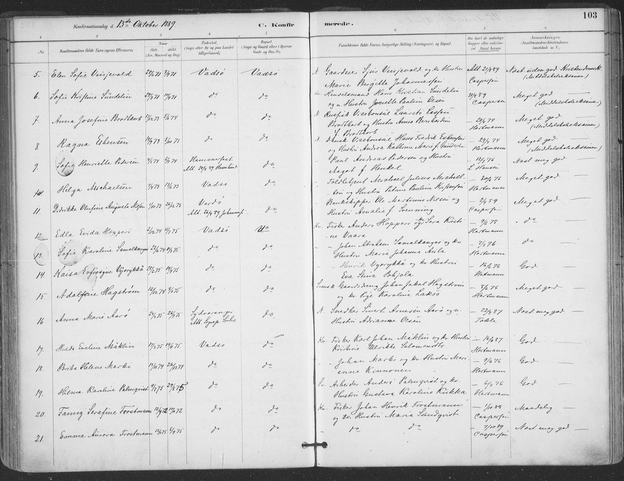 Vadsø sokneprestkontor, SATØ/S-1325/H/Ha/L0006kirke: Parish register (official) no. 6, 1885-1895, p. 103