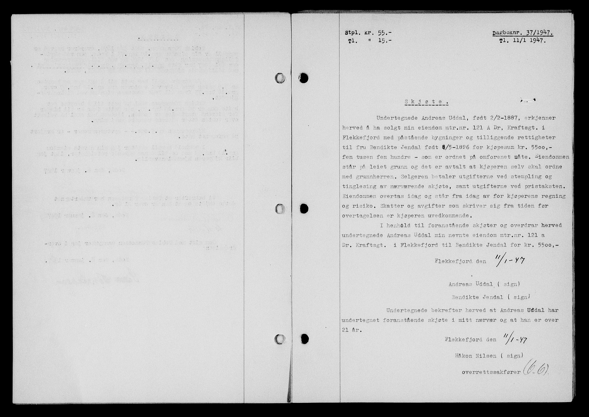 Flekkefjord sorenskriveri, AV/SAK-1221-0001/G/Gb/Gba/L0061: Mortgage book no. A-9, 1946-1947, Diary no: : 37/1947