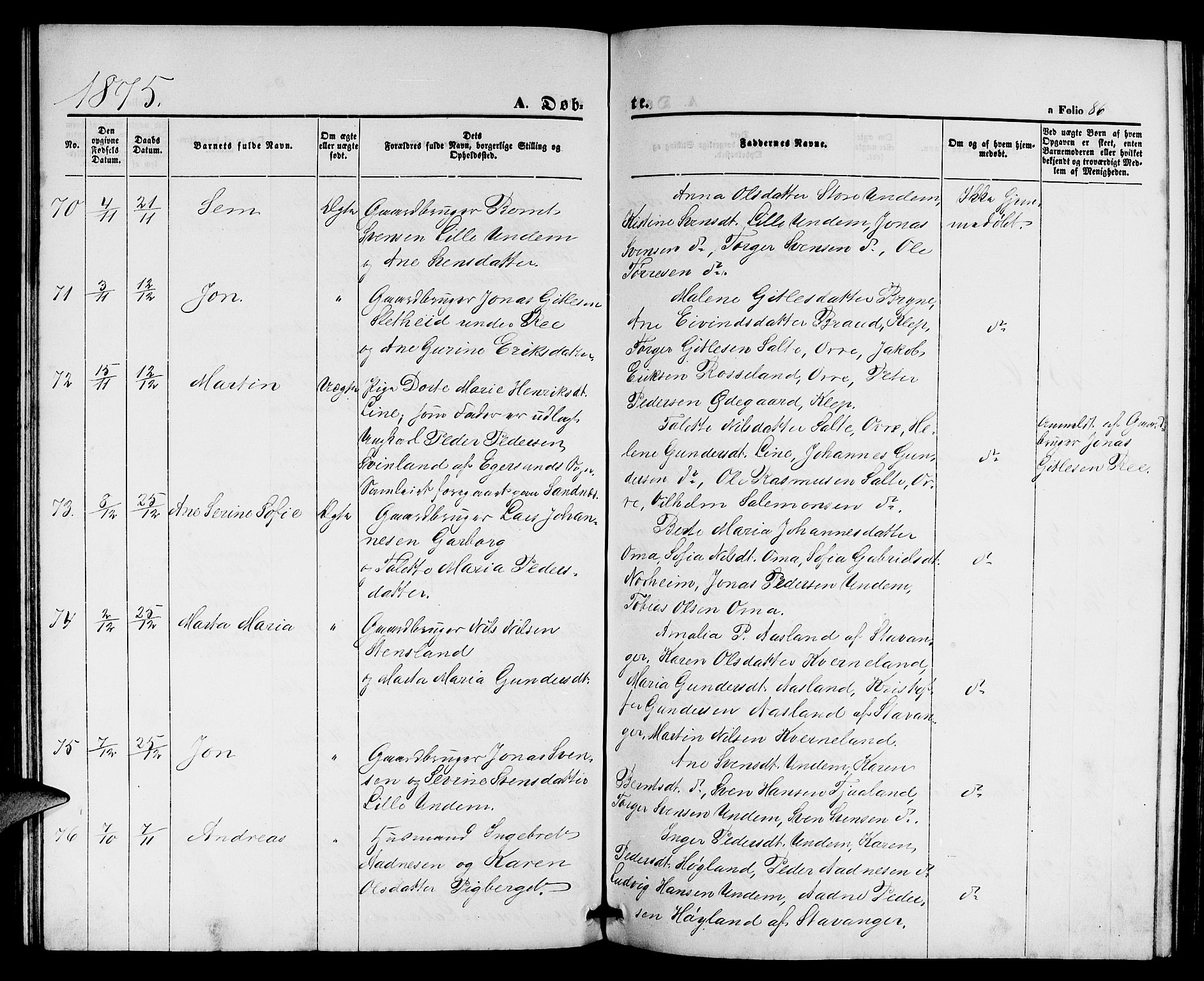 Lye sokneprestkontor, AV/SAST-A-101794/001/30BB/L0004: Parish register (copy) no. B 4, 1868-1878, p. 86