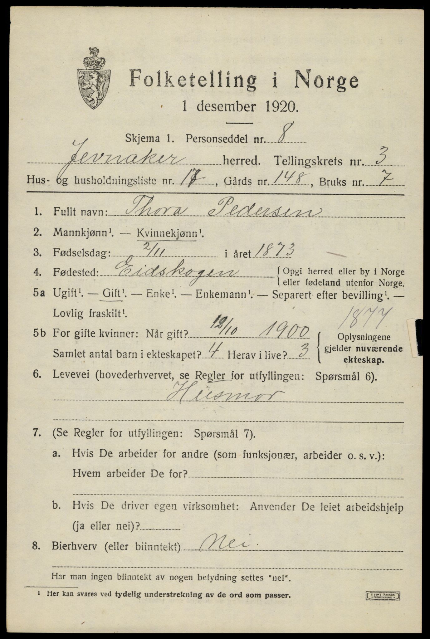 SAH, 1920 census for Jevnaker, 1920, p. 6057