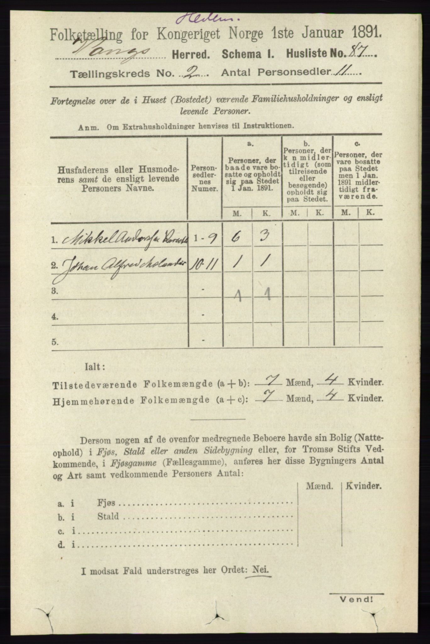 RA, 1891 census for 0414 Vang, 1891, p. 1018