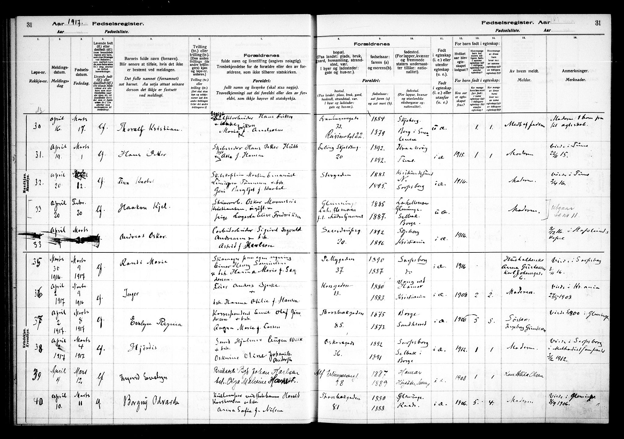 Sarpsborg prestekontor Kirkebøker, AV/SAO-A-2006/J/Ja/L0001: Birth register no. 1, 1916-1922, p. 31