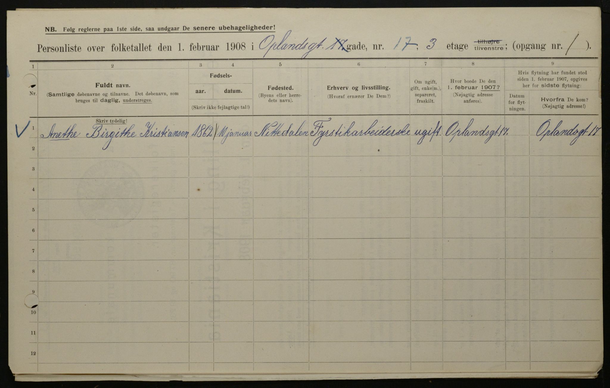 OBA, Municipal Census 1908 for Kristiania, 1908, p. 68005