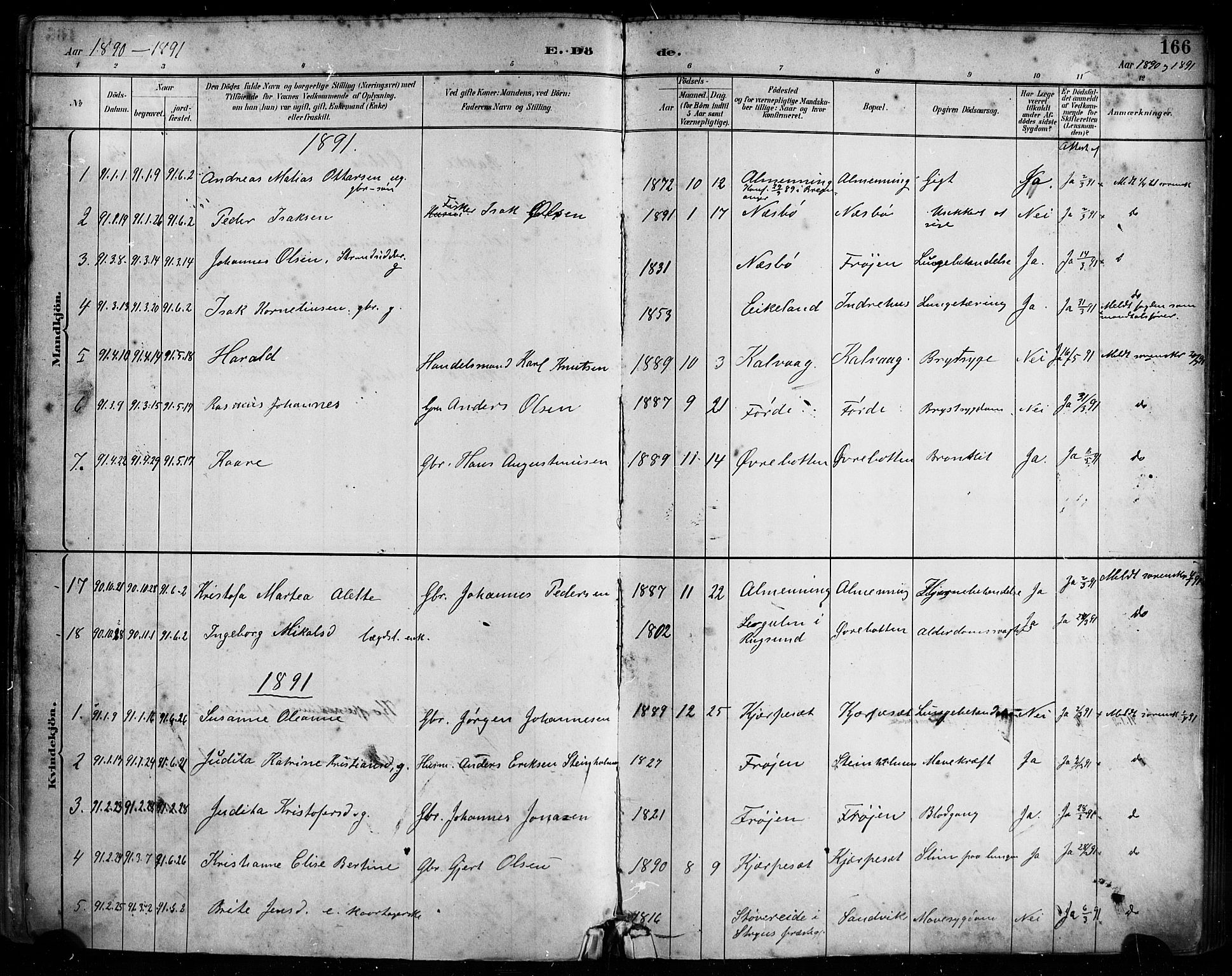 Bremanger sokneprestembete, SAB/A-82201/H/Haa/Haab/L0001: Parish register (official) no. B 1, 1884-1895, p. 166