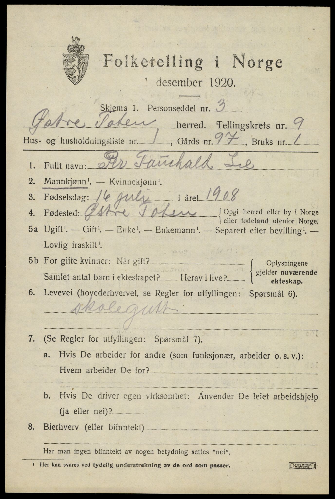 SAH, 1920 census for Østre Toten, 1920, p. 18142