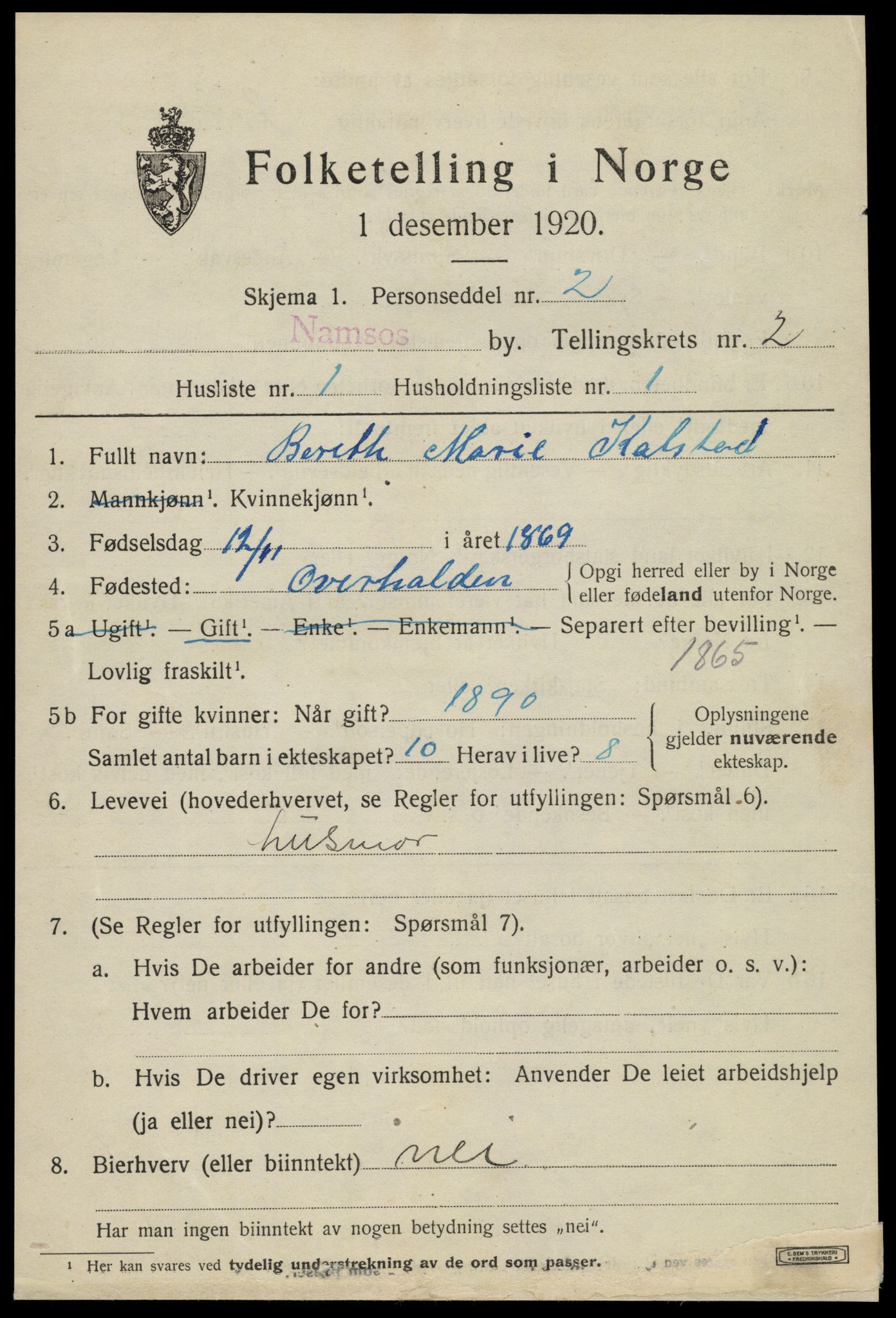 SAT, 1920 census for Namsos, 1920, p. 3135