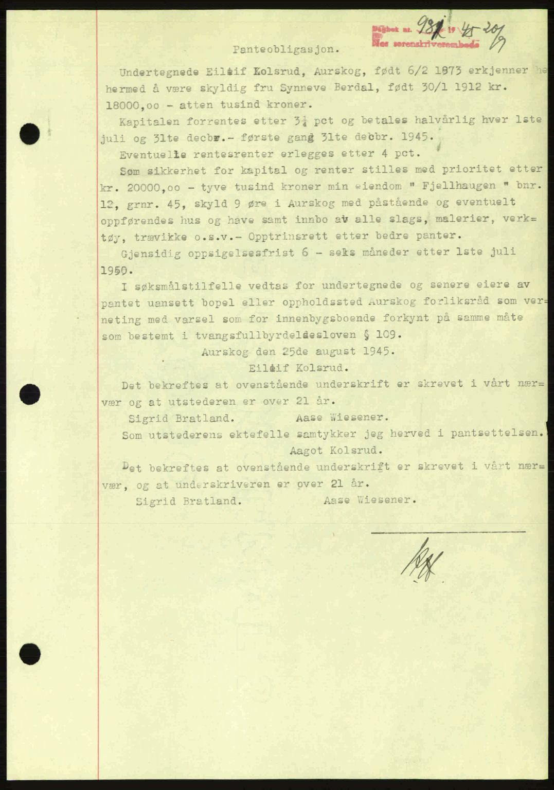 Nes tingrett, AV/SAO-A-10548/G/Gb/Gbb/L0018: Mortgage book no. 62, 1945-1945, Diary no: : 931/1945