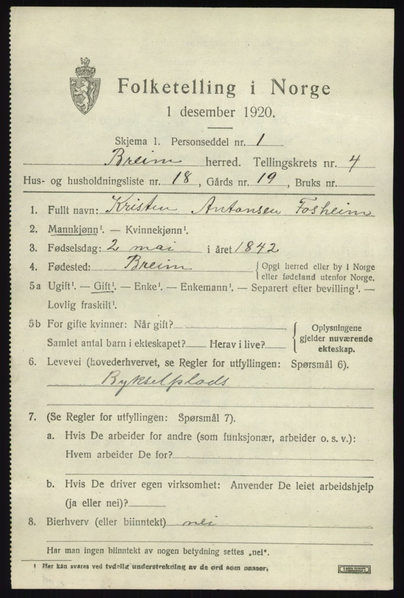 SAB, 1920 census for Breim, 1920, p. 2711