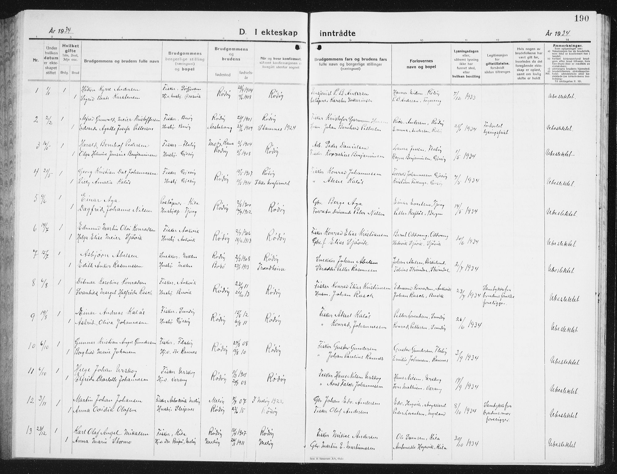 Ministerialprotokoller, klokkerbøker og fødselsregistre - Nordland, SAT/A-1459/841/L0622: Parish register (copy) no. 841C06, 1924-1942, p. 190