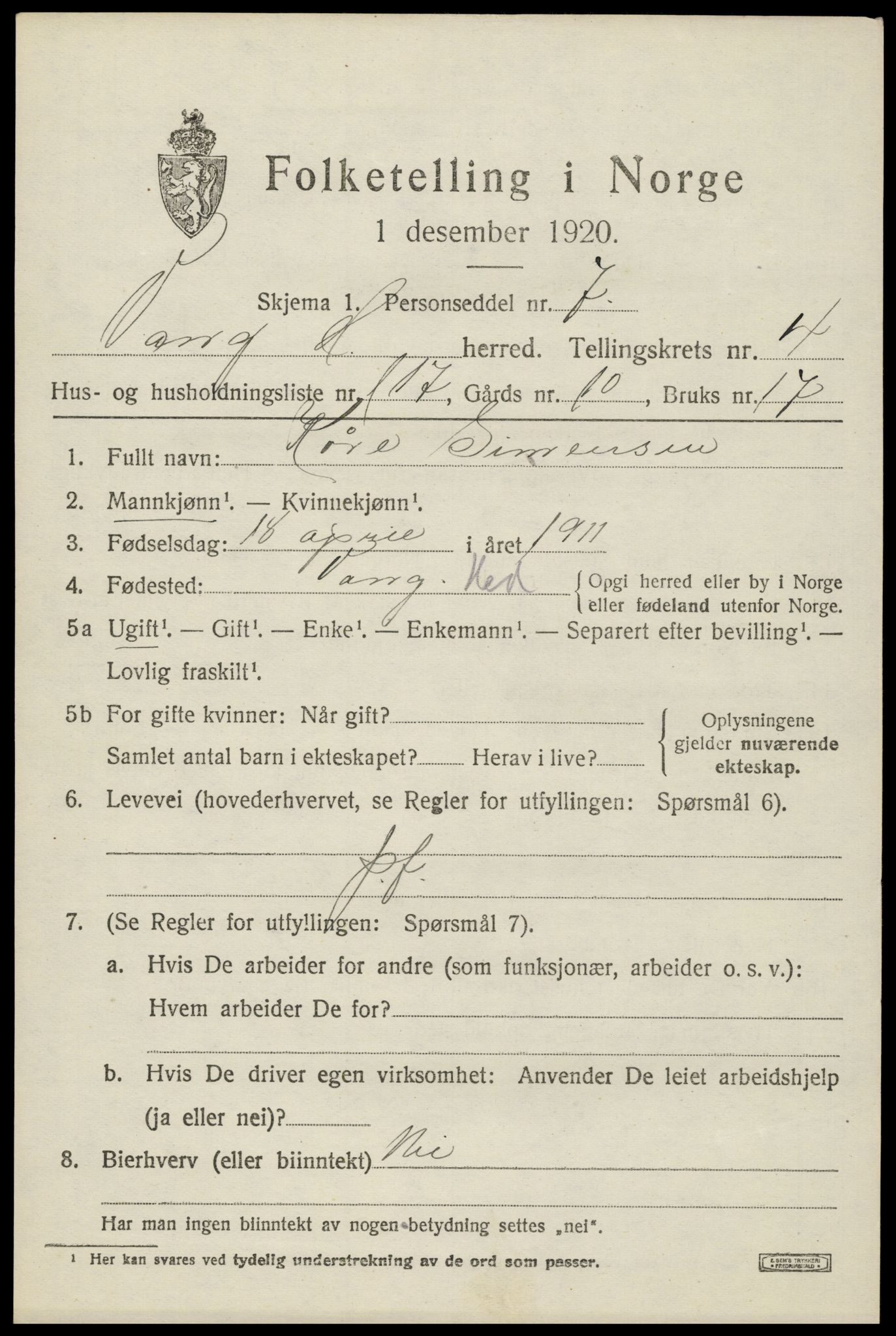 SAH, 1920 census for Vang (Hedmark), 1920, p. 13841