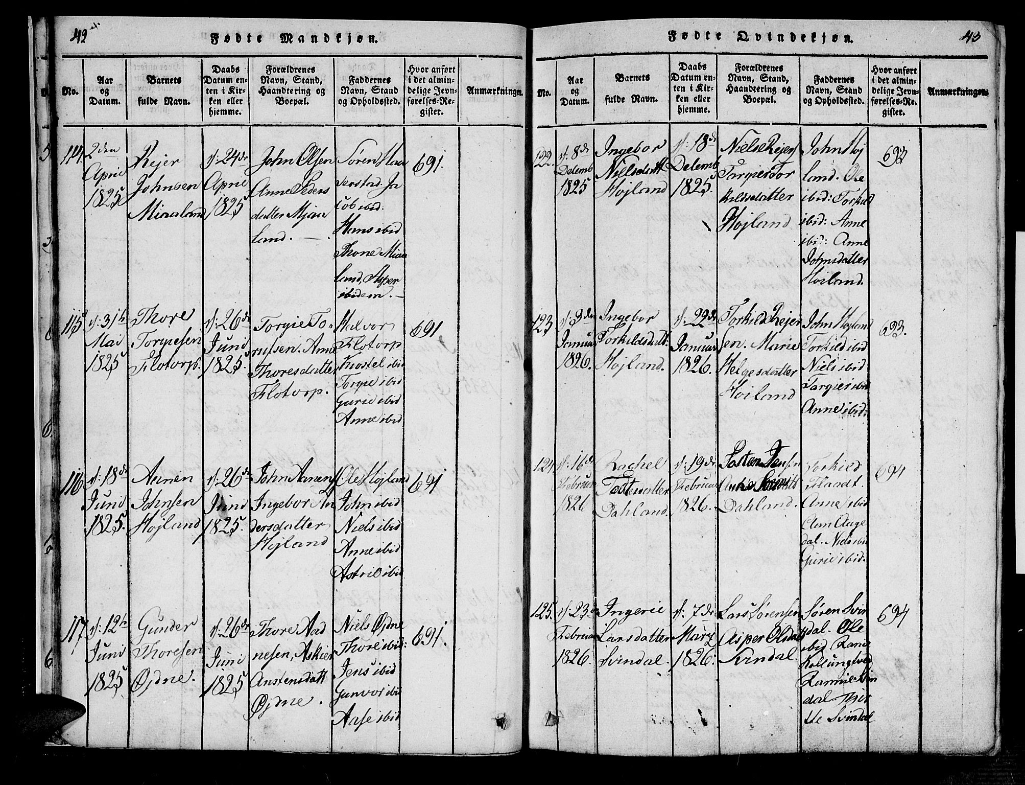 Bjelland sokneprestkontor, SAK/1111-0005/F/Fa/Fac/L0001: Parish register (official) no. A 1, 1815-1866, p. 42-43