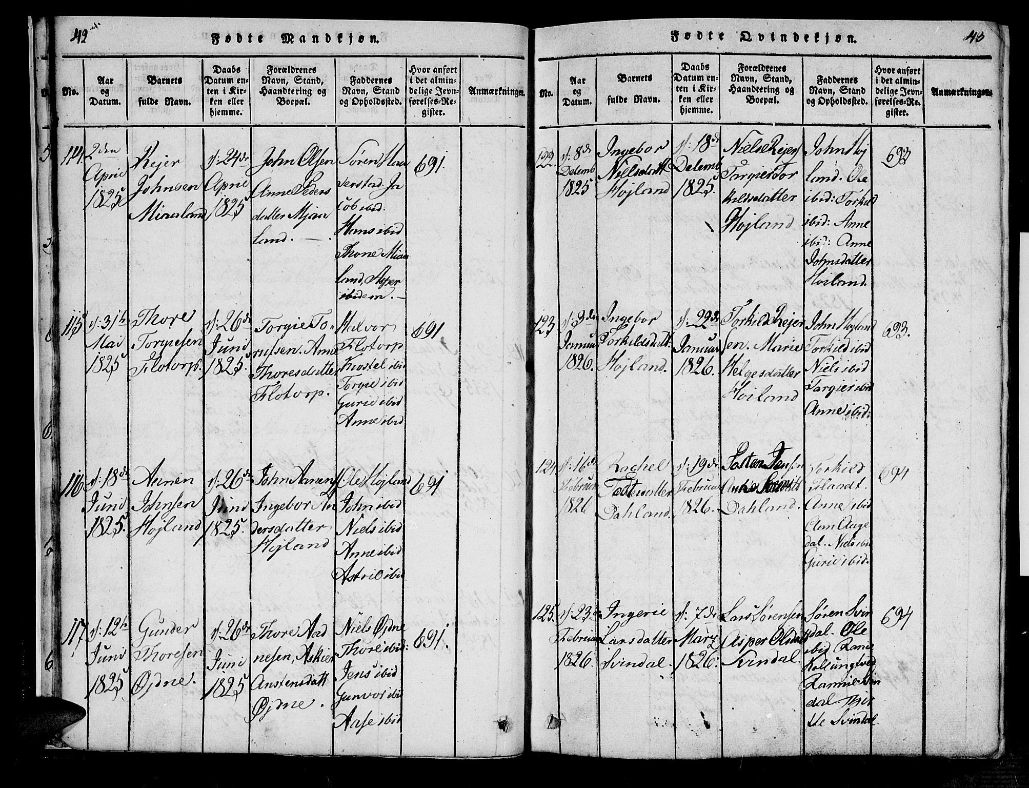 Bjelland sokneprestkontor, AV/SAK-1111-0005/F/Fa/Fac/L0001: Parish register (official) no. A 1, 1815-1866, p. 42-43