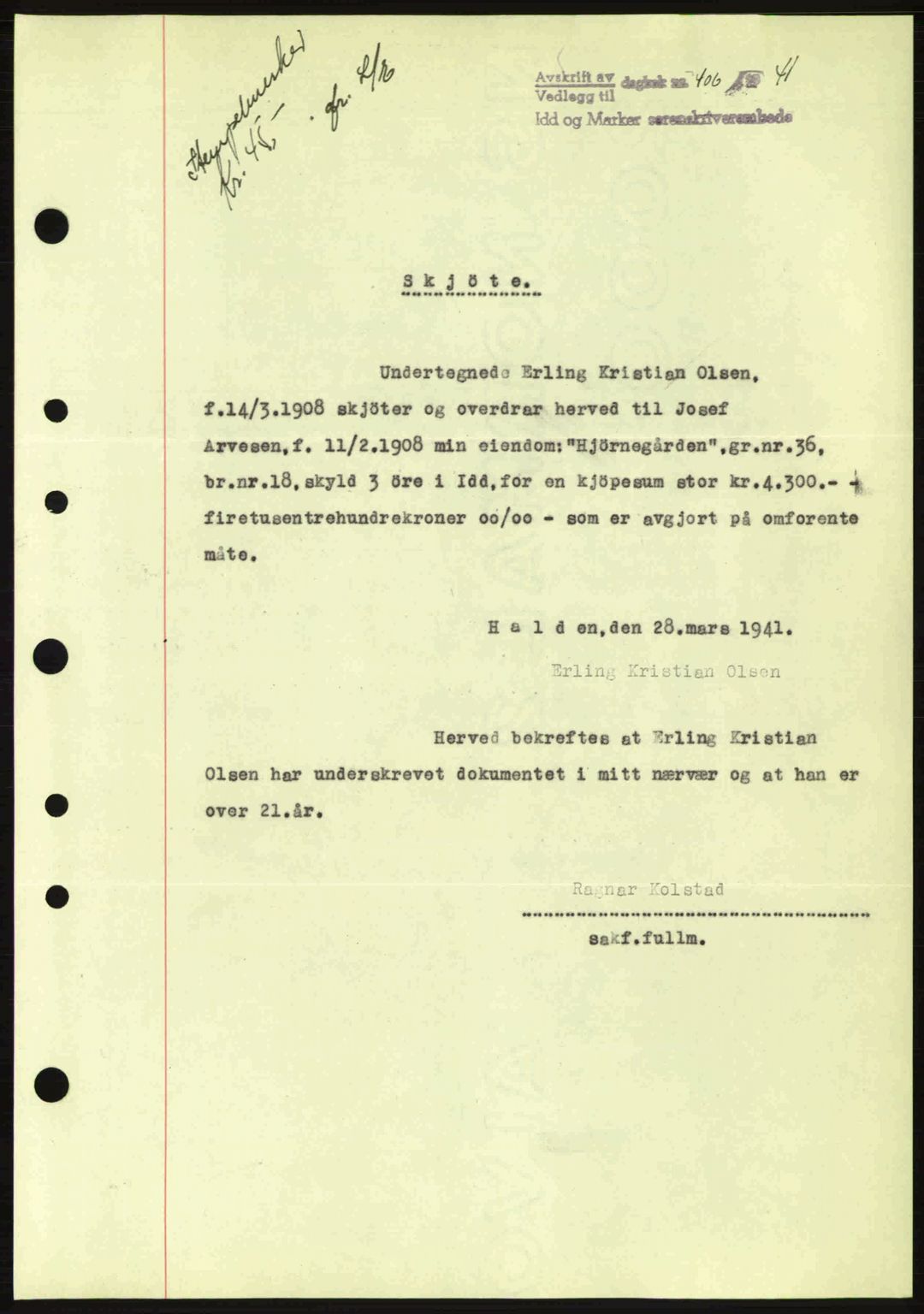 Idd og Marker sorenskriveri, AV/SAO-A-10283/G/Gb/Gbb/L0004: Mortgage book no. A4, 1940-1941, Diary no: : 406/1941