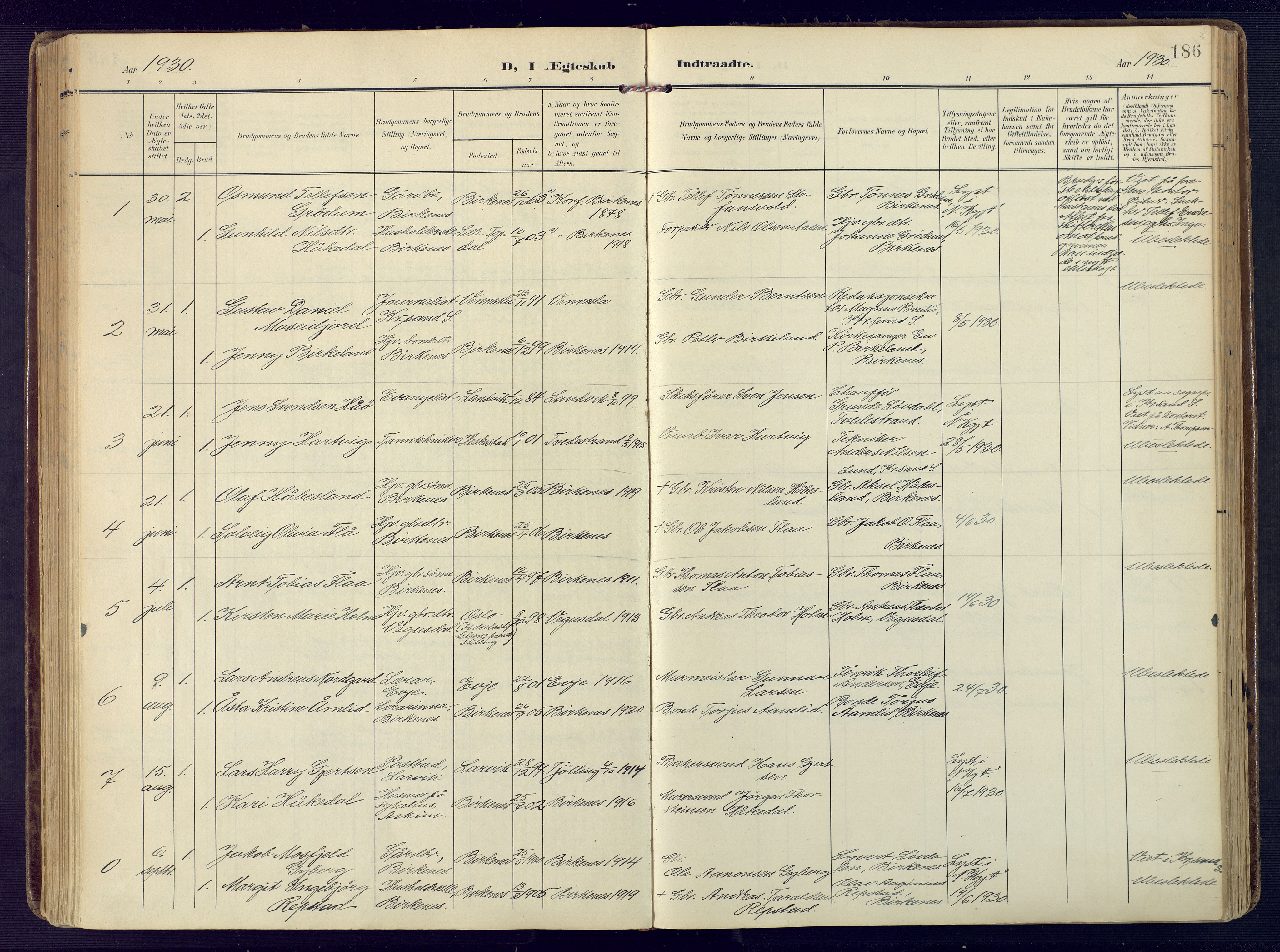 Birkenes sokneprestkontor, SAK/1111-0004/F/Fa/L0006: Parish register (official) no. A 6, 1908-1932, p. 186