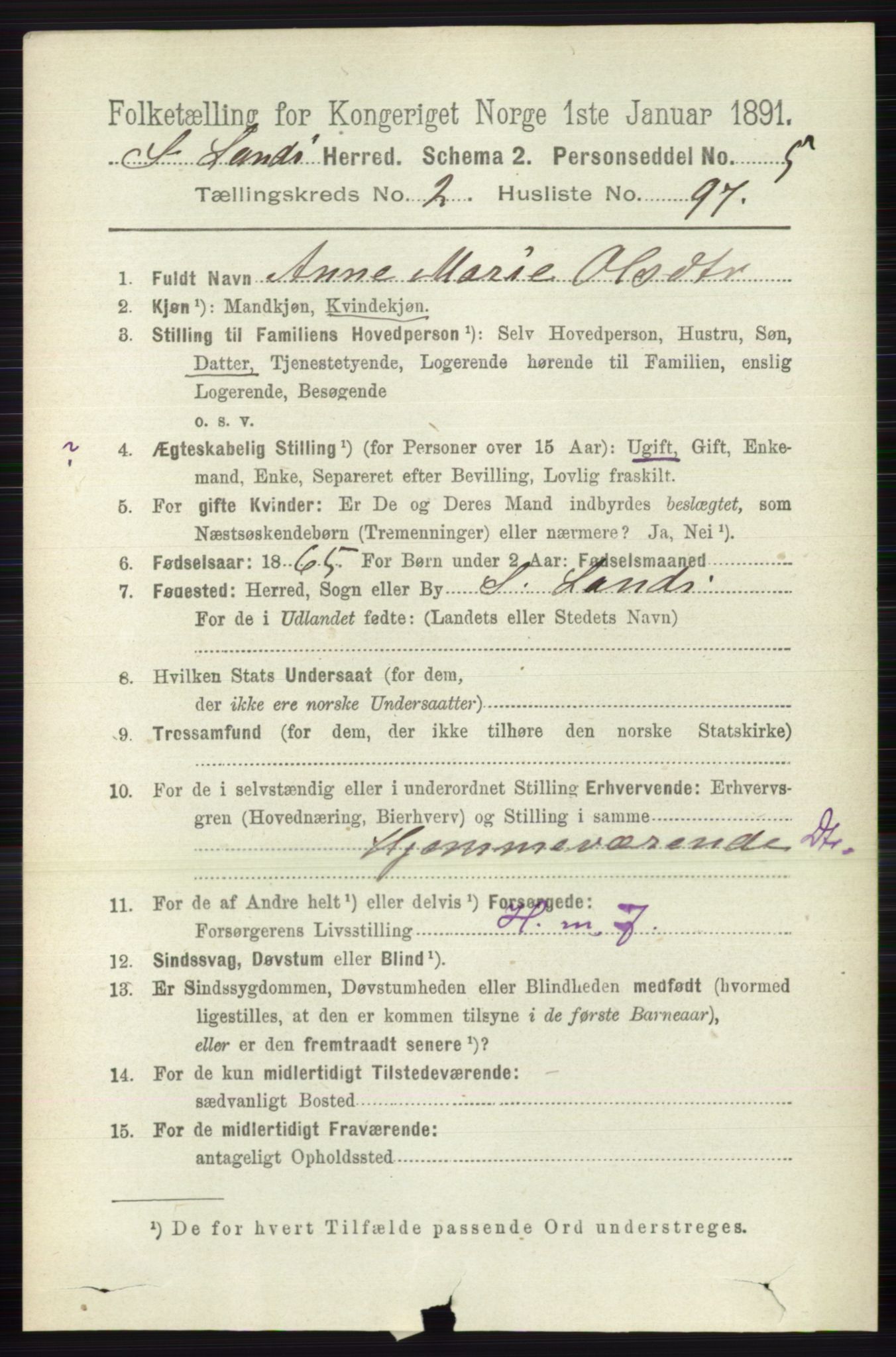 RA, 1891 census for 0536 Søndre Land, 1891, p. 1616