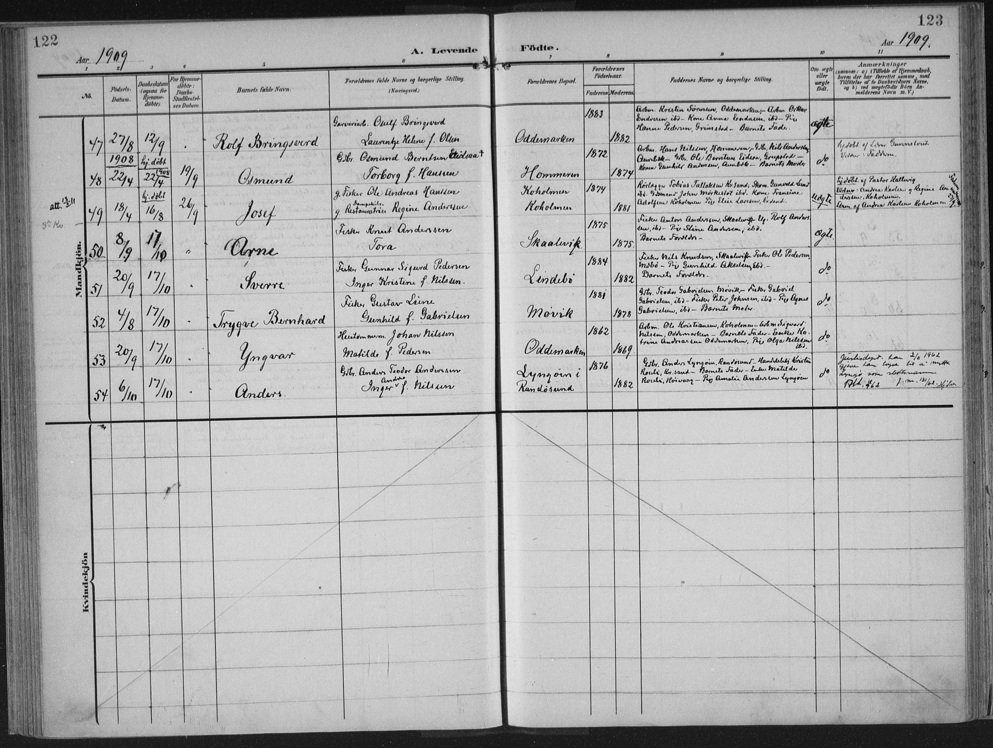 Oddernes sokneprestkontor, AV/SAK-1111-0033/F/Fa/Faa/L0011: Parish register (official) no. A 11, 1904-1911, p. 122-123