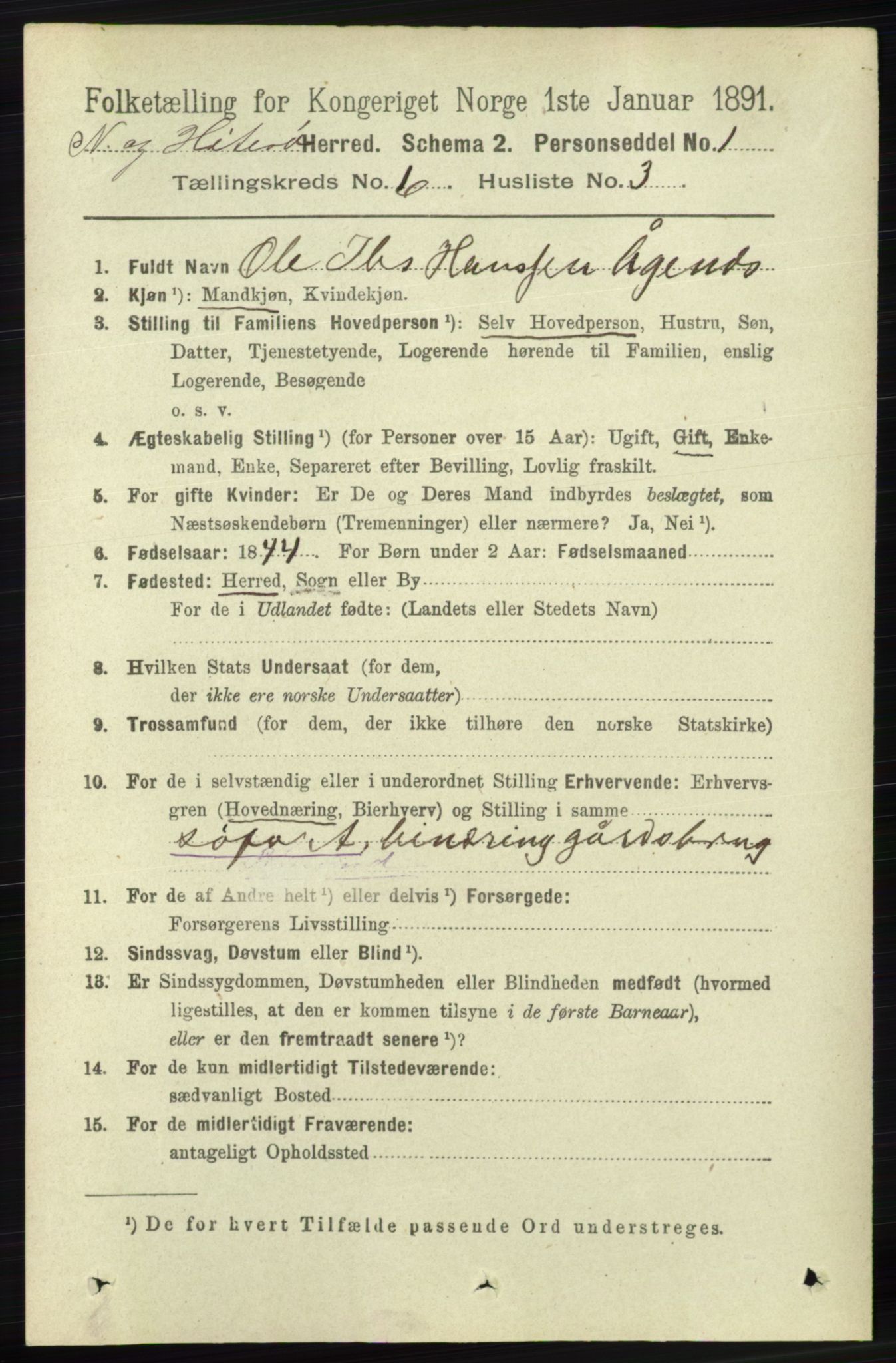 RA, 1891 census for 1043 Hidra og Nes, 1891, p. 2253