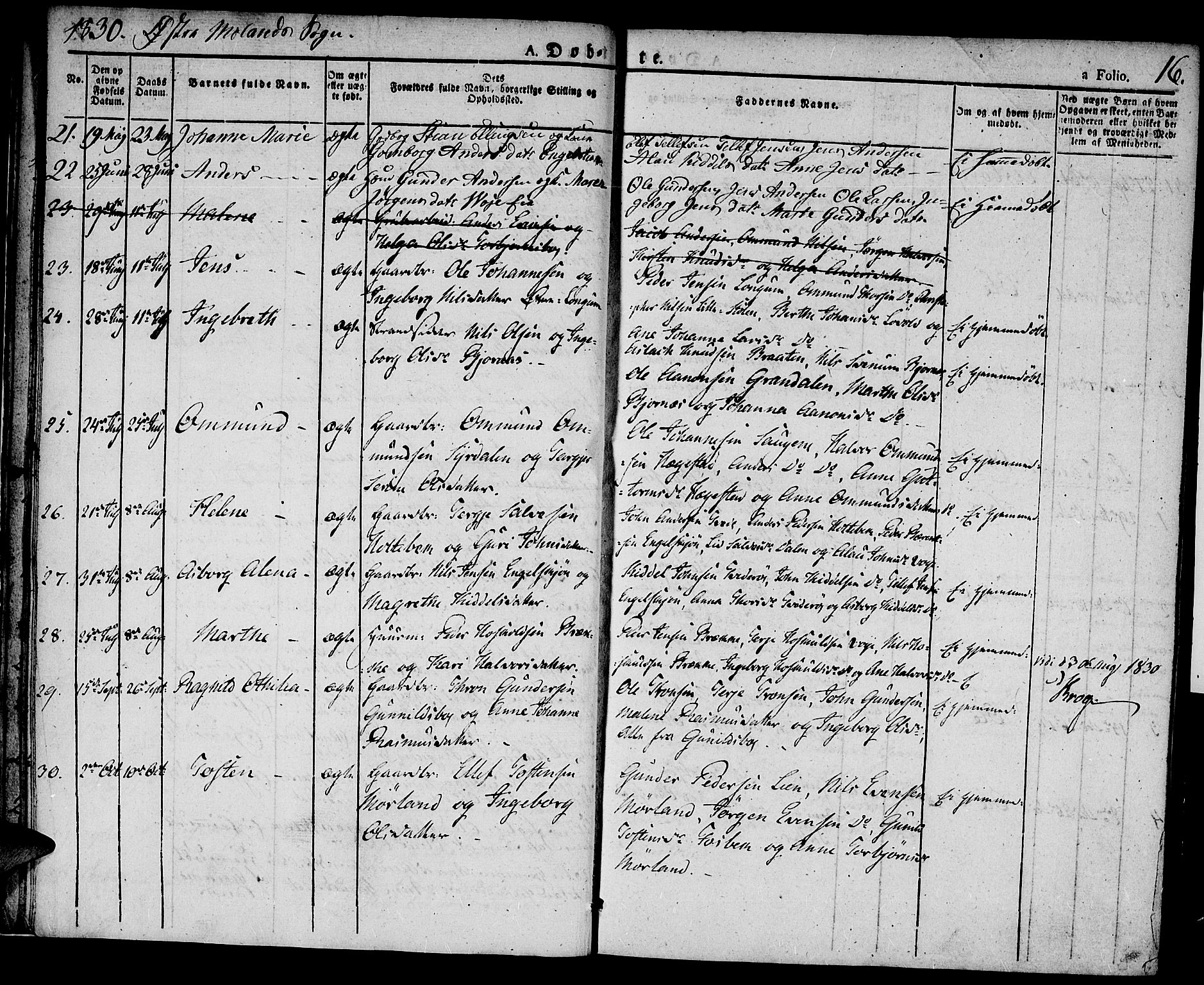 Austre Moland sokneprestkontor, AV/SAK-1111-0001/F/Fa/Faa/L0005: Parish register (official) no. A 5, 1825-1837, p. 16