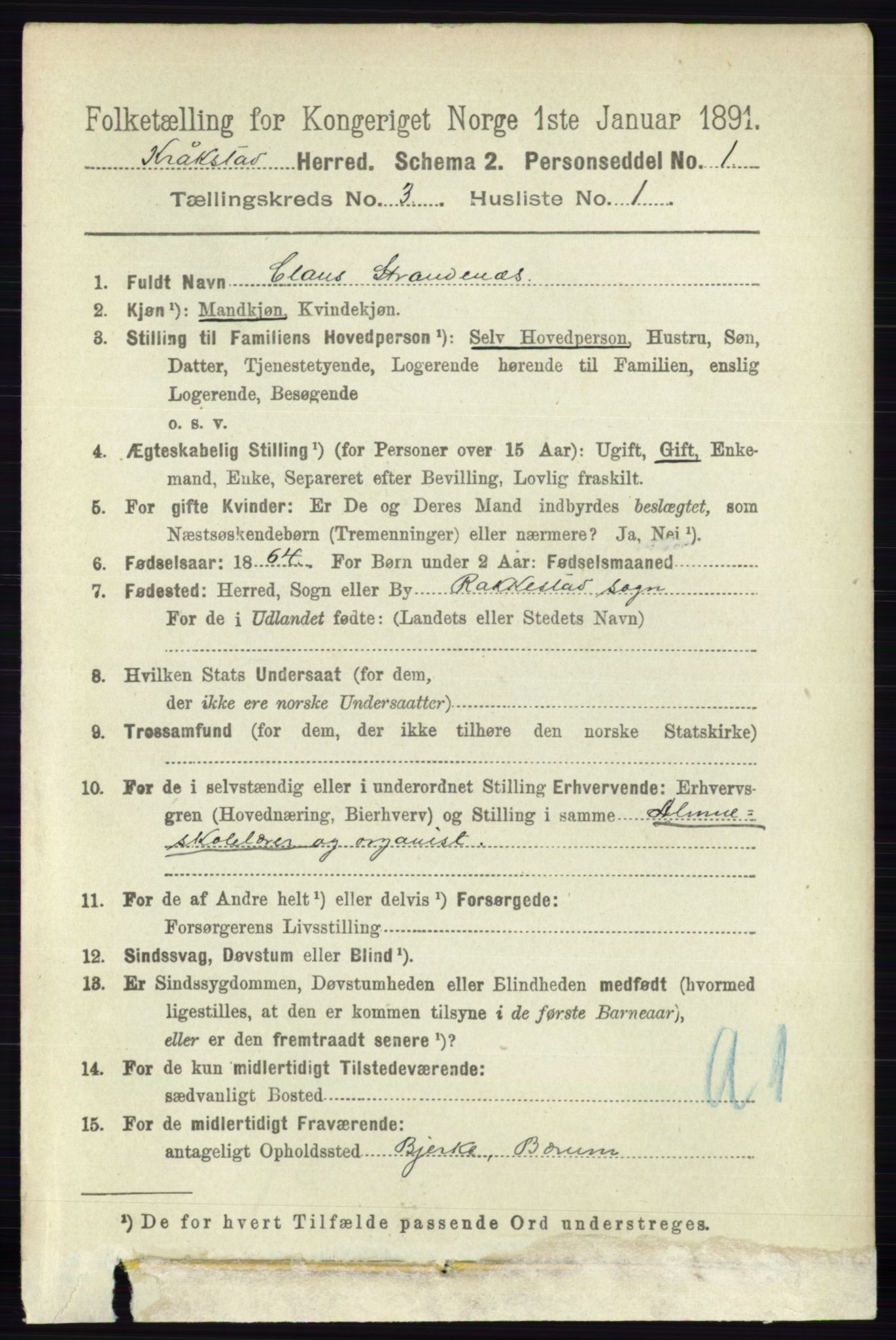 RA, 1891 census for 0212 Kråkstad, 1891, p. 1195