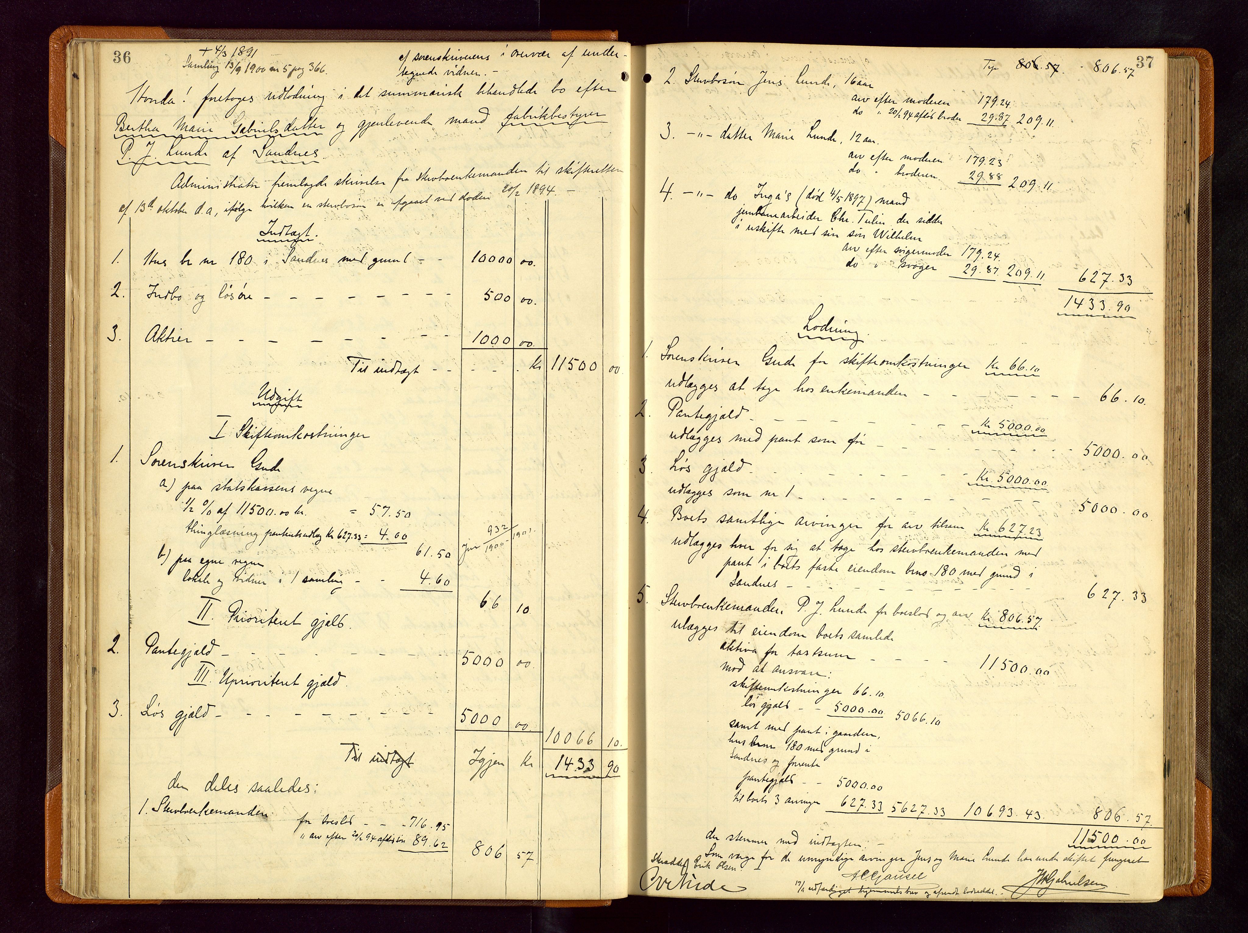 Jæren sorenskriveri, AV/SAST-A-100310/01/5/50/50BB/L0006: SKIFTEUTLODNINGSPROTOKOLL, 1900-1907, p. 36-37