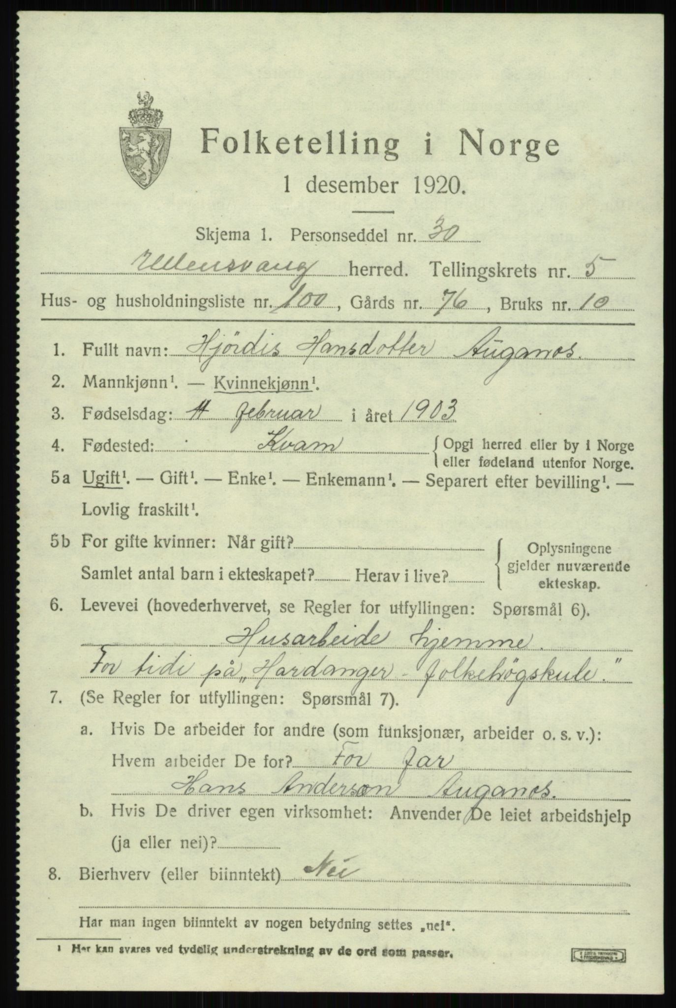 SAB, 1920 census for Ullensvang, 1920, p. 3456