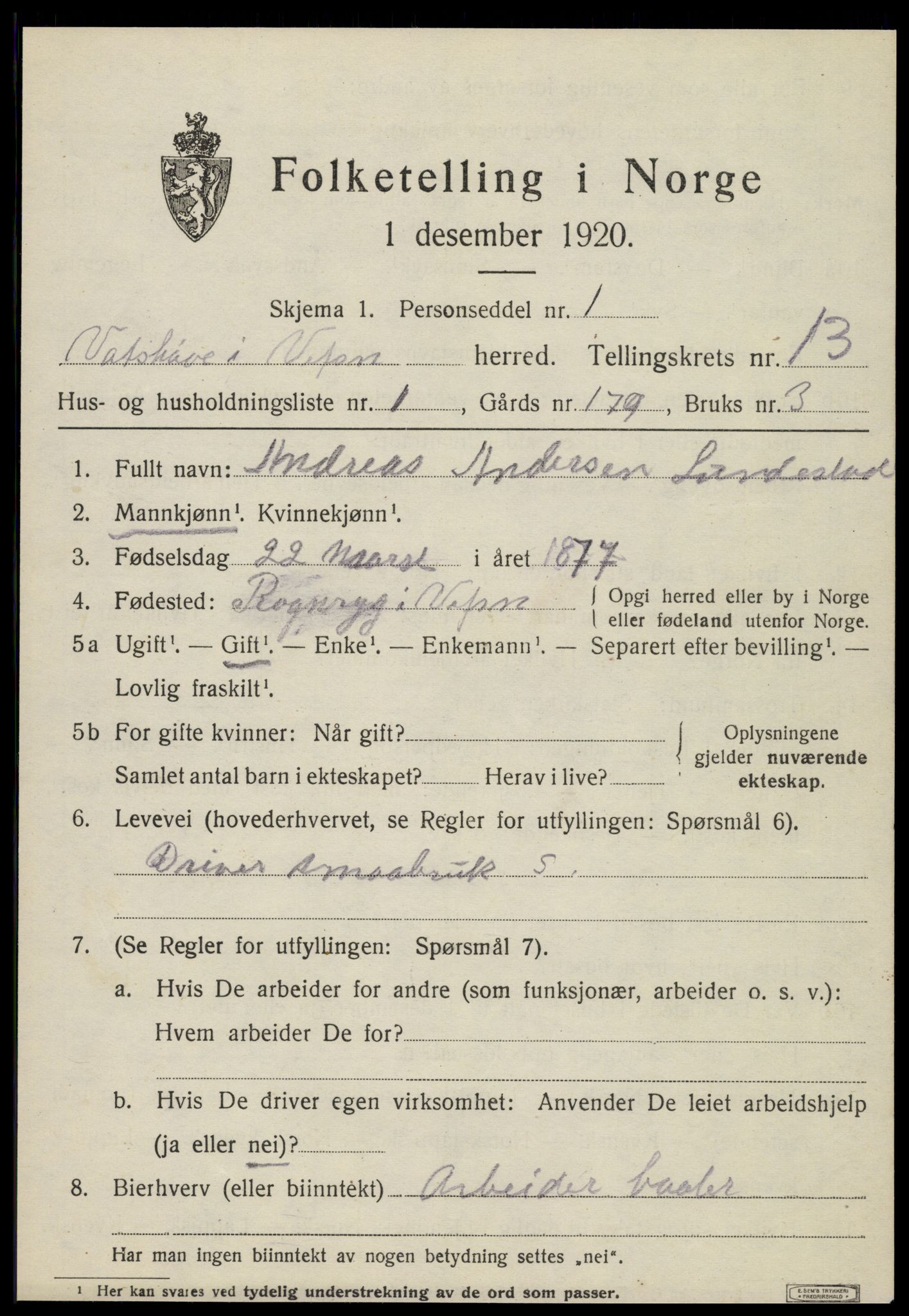 SAT, 1920 census for Vefsn, 1920, p. 10151