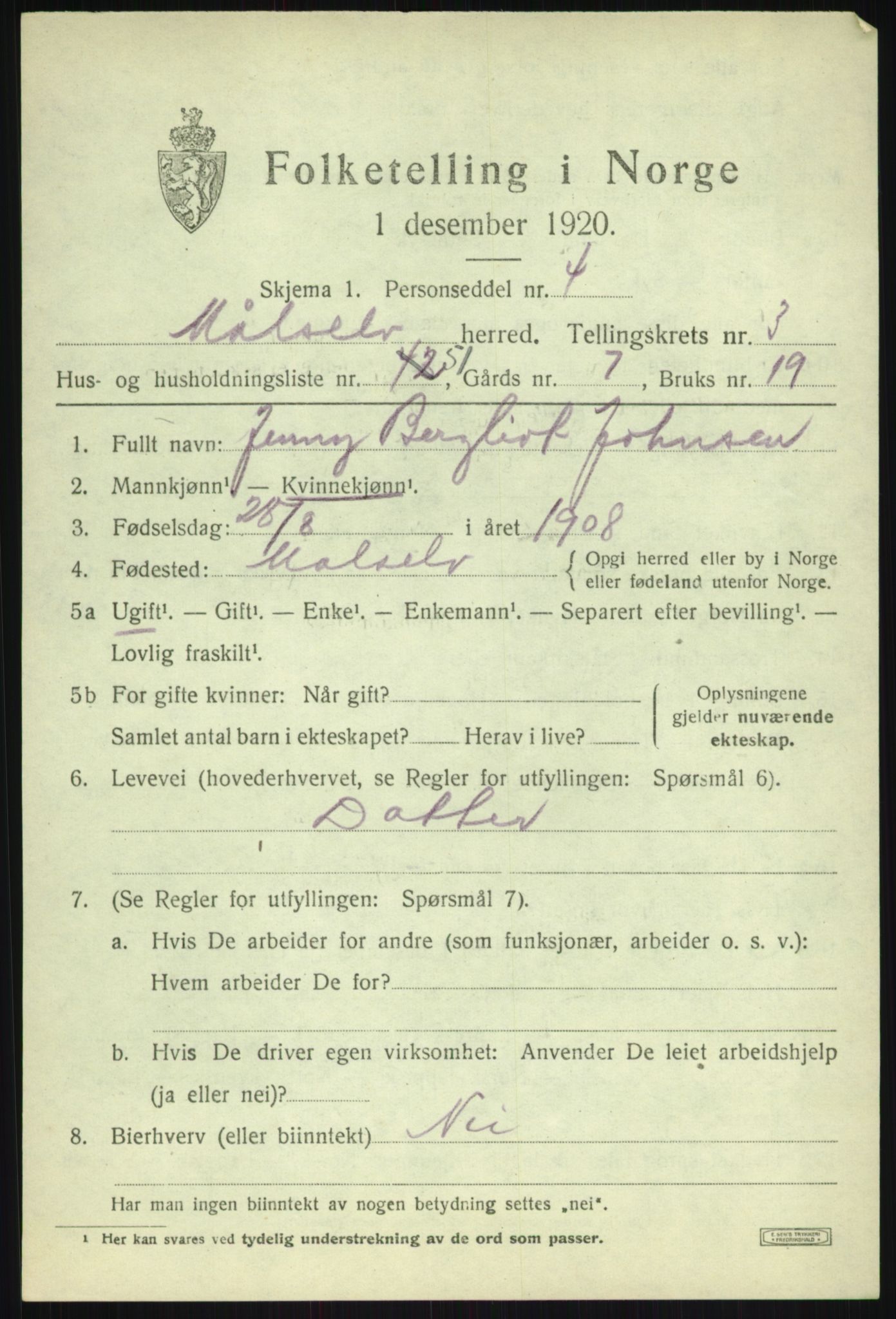 SATØ, 1920 census for Målselv, 1920, p. 2797