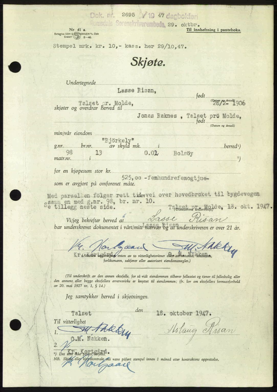 Romsdal sorenskriveri, AV/SAT-A-4149/1/2/2C: Mortgage book no. A24, 1947-1947, Diary no: : 2695/1947