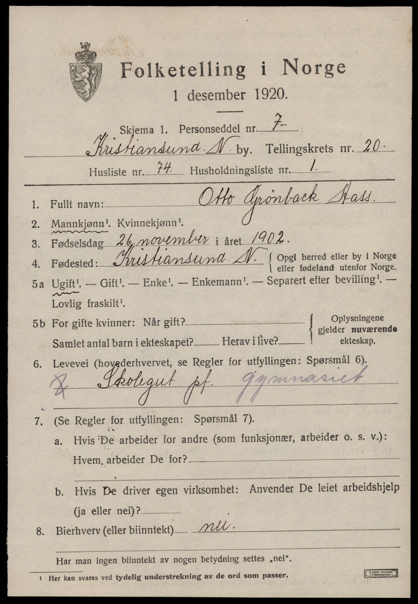 SAT, 1920 census for Kristiansund, 1920, p. 41453