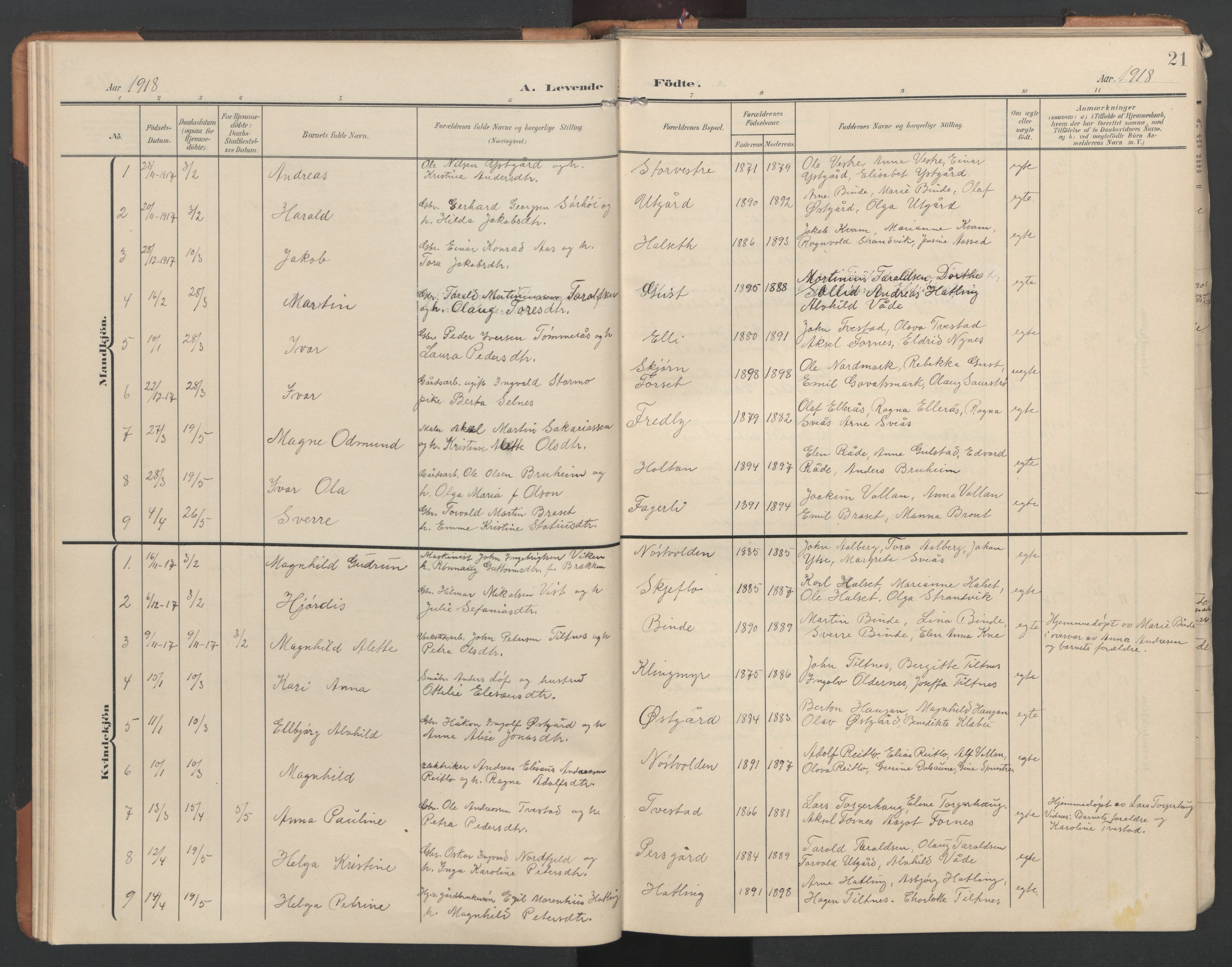 Ministerialprotokoller, klokkerbøker og fødselsregistre - Nord-Trøndelag, SAT/A-1458/746/L0455: Parish register (copy) no. 746C01, 1908-1933, p. 21
