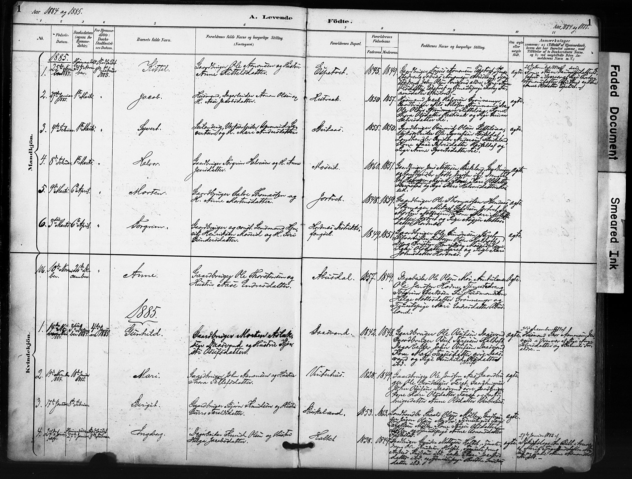 Evje sokneprestkontor, SAK/1111-0008/F/Fa/Fab/L0003: Parish register (official) no. A 3, 1884-1909, p. 1