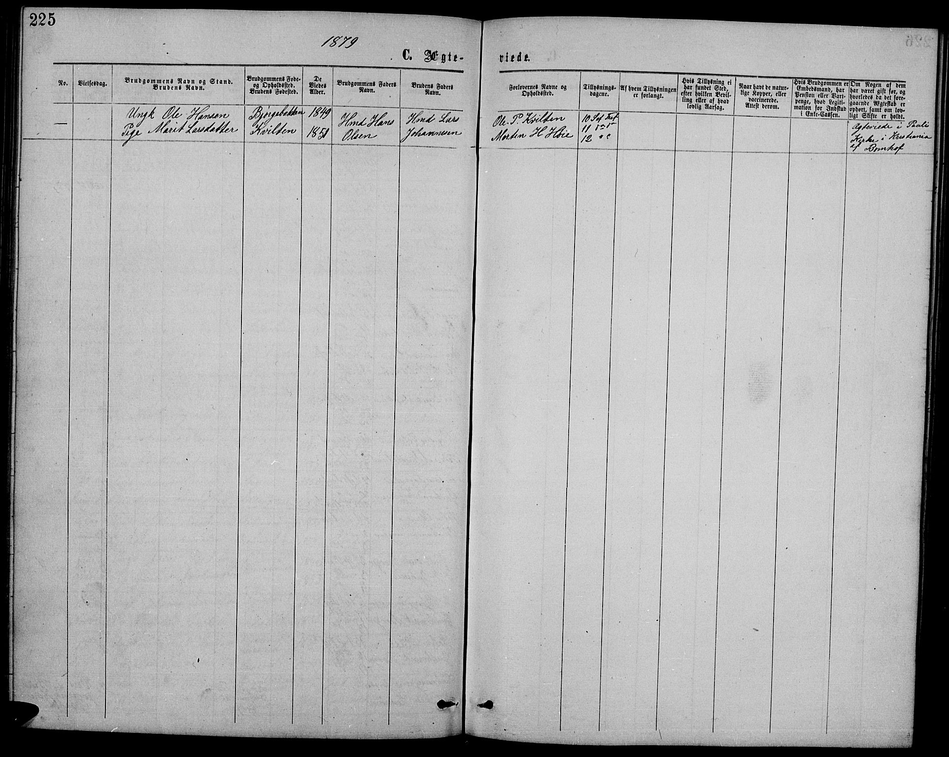Ringebu prestekontor, SAH/PREST-082/H/Ha/Hab/L0004: Parish register (copy) no. 4, 1867-1879, p. 225