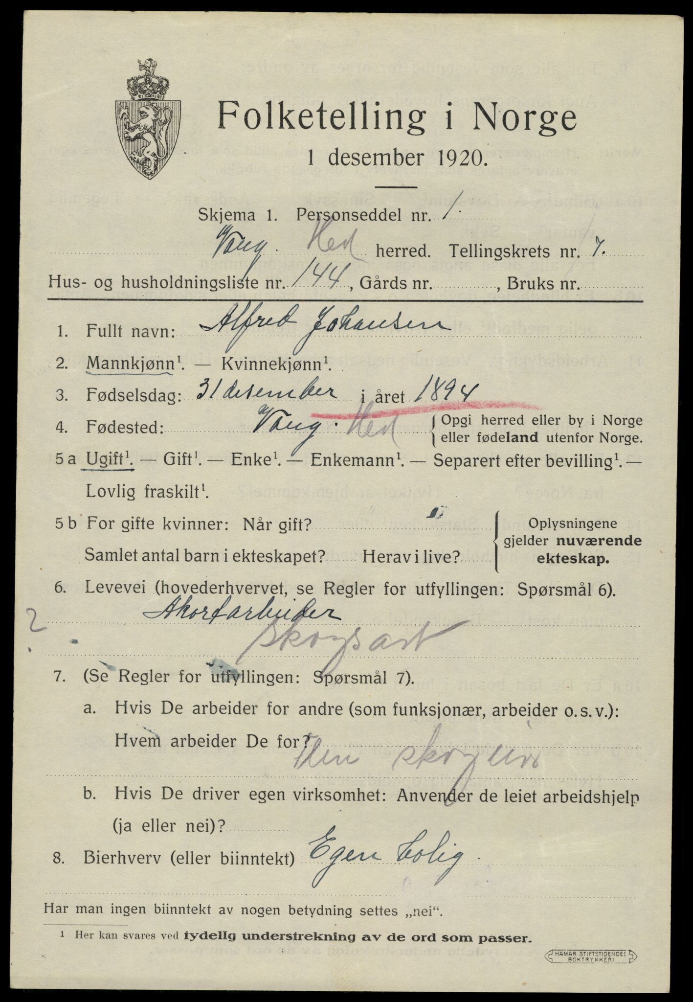 SAH, 1920 census for Vang (Hedmark), 1920, p. 17441