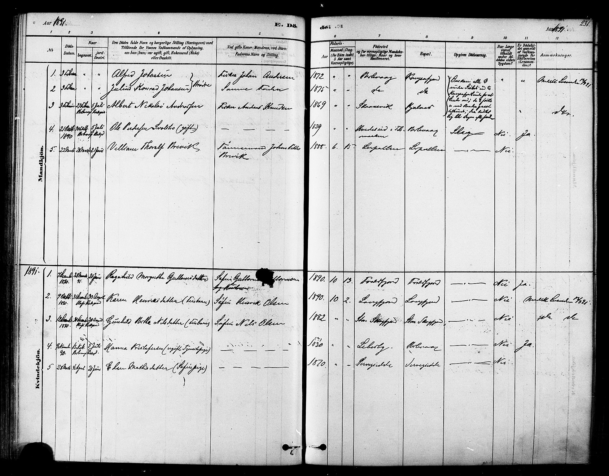 Tana sokneprestkontor, SATØ/S-1334/H/Ha/L0004kirke: Parish register (official) no. 4, 1878-1891, p. 231