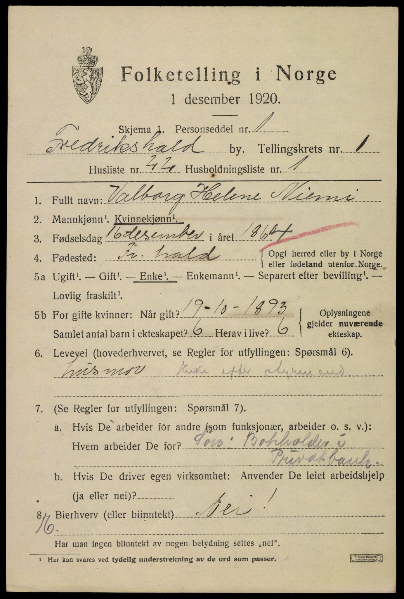 SAO, 1920 census for Fredrikshald, 1920, p. 8458