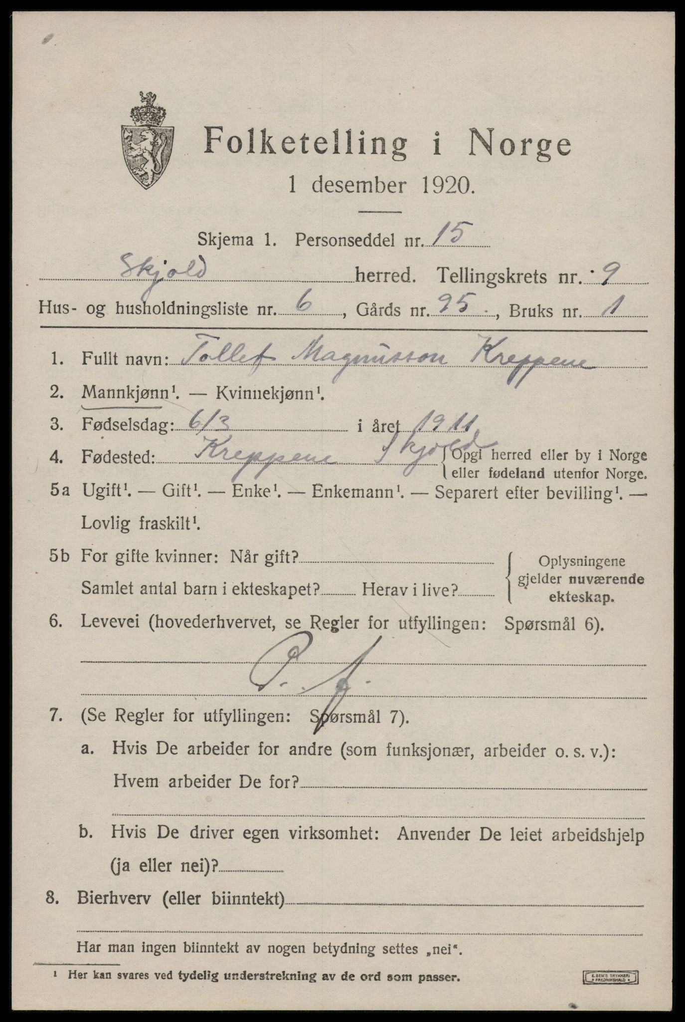 SAST, 1920 census for Skjold, 1920, p. 4414