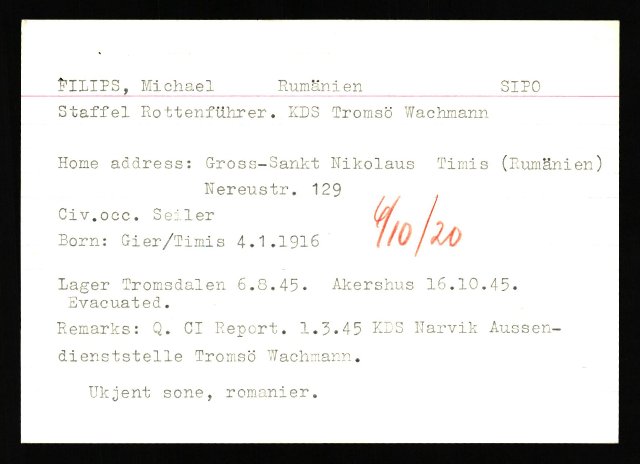 Forsvaret, Forsvarets overkommando II, AV/RA-RAFA-3915/D/Db/L0041: CI Questionaires.  Diverse nasjonaliteter., 1945-1946, p. 104
