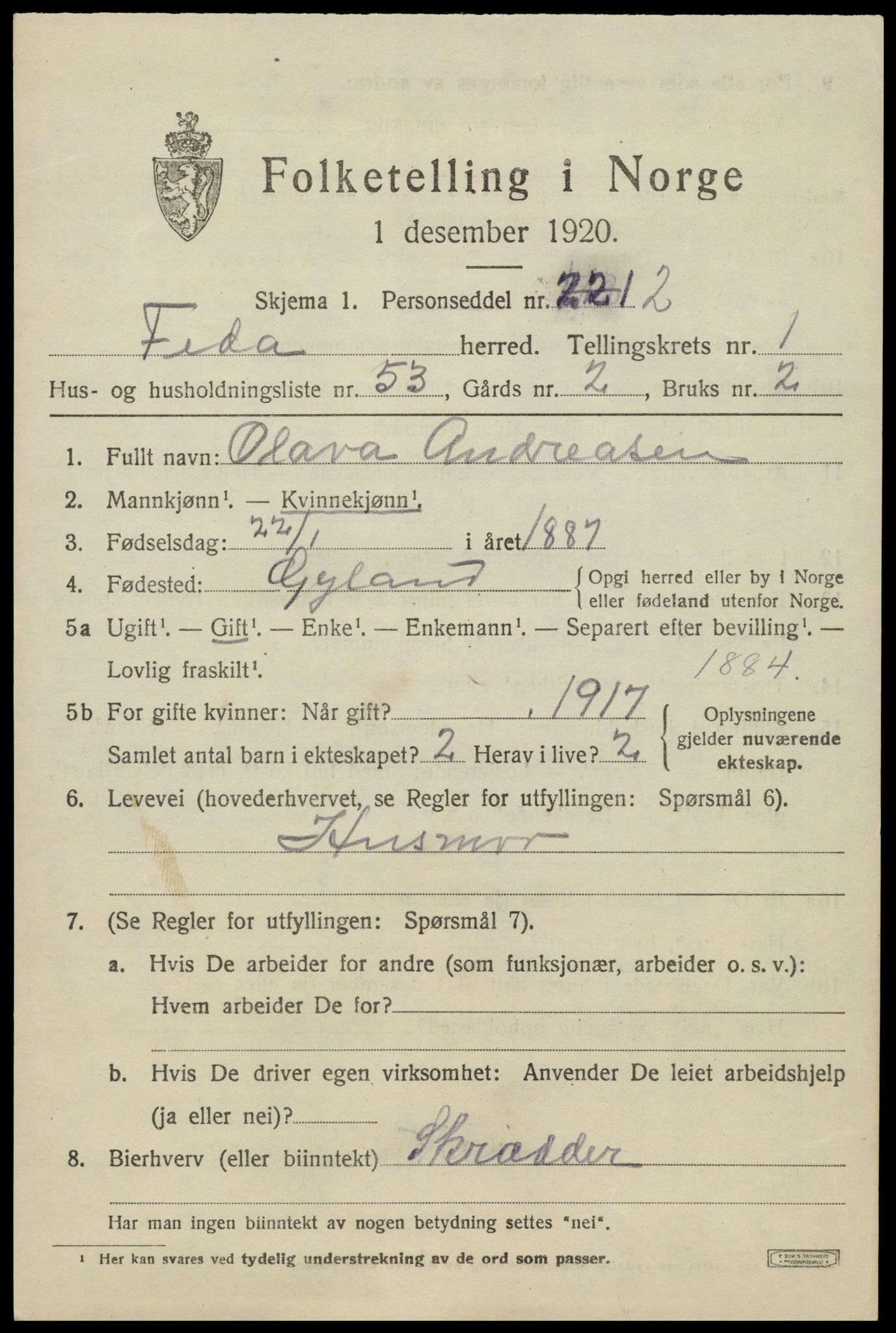 SAK, 1920 census for Feda, 1920, p. 897