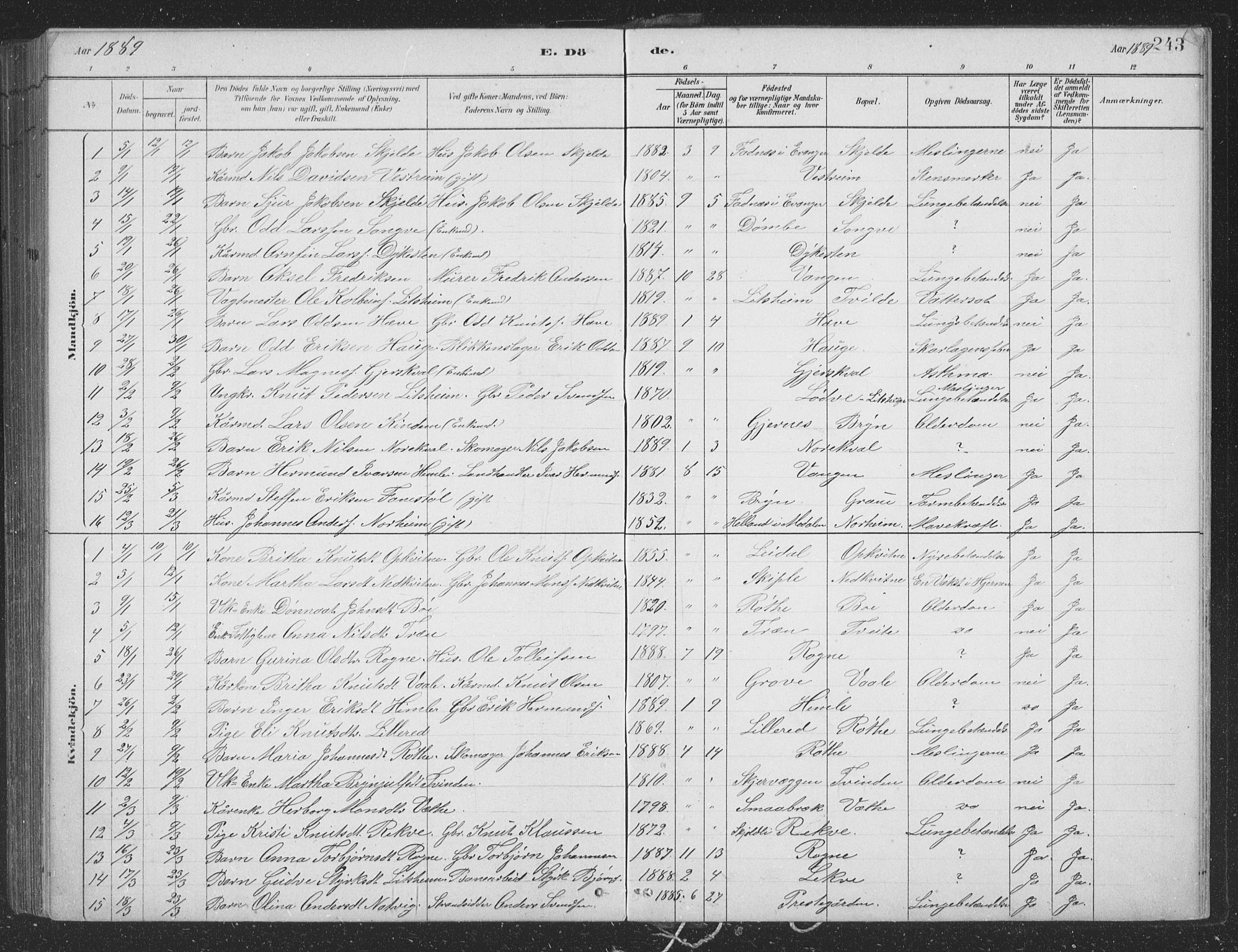 Voss sokneprestembete, SAB/A-79001/H/Hab: Parish register (copy) no. B 3, 1879-1894, p. 243
